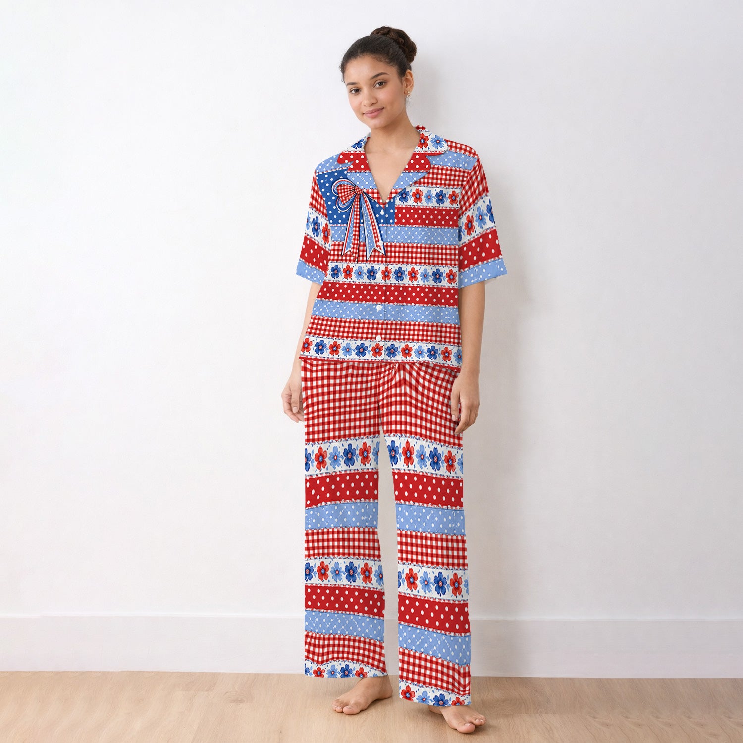 Patriotic Gingham Bow Floral Pattern Pajama Set, Soft Breathable Fabric Comfortable Sleepwear