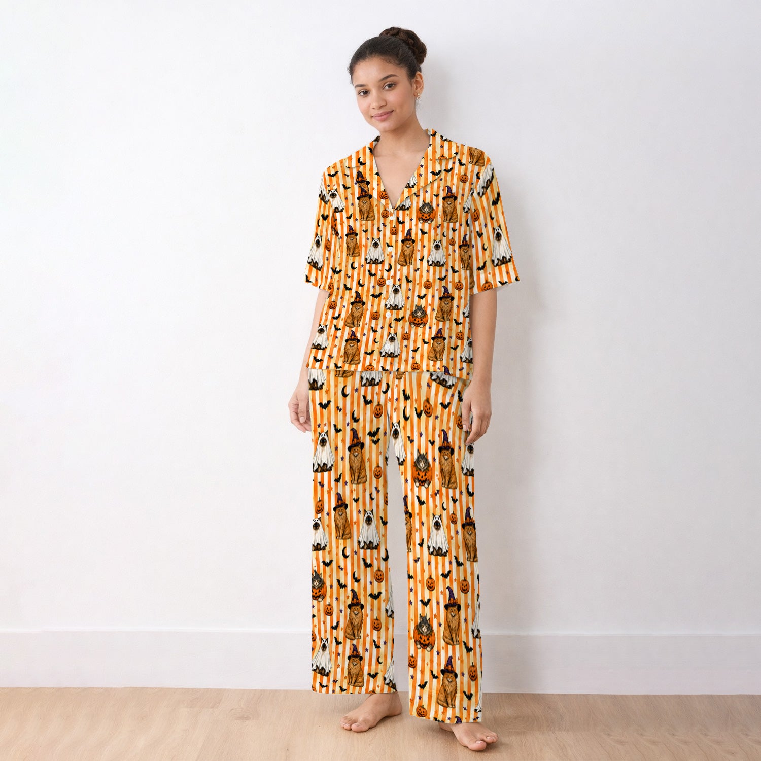 Halloween Cat Print Pajama Set, Soft Breathable Fabric Comfortable Sleepwear