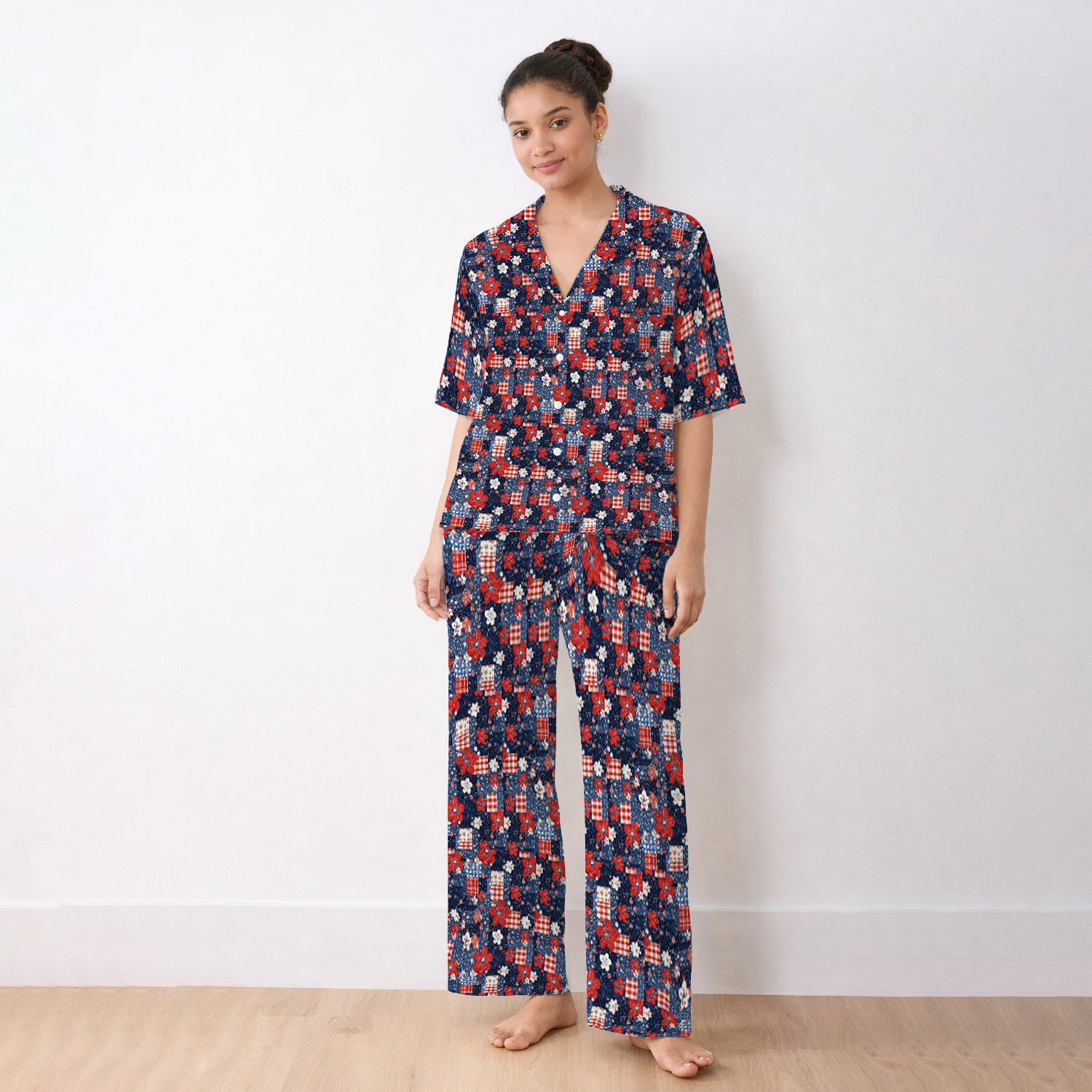 Patriotic Gingham Floral Patchwork Pattern Pajama Set, Soft Breathable Fabric Comfortable Sleepwear
