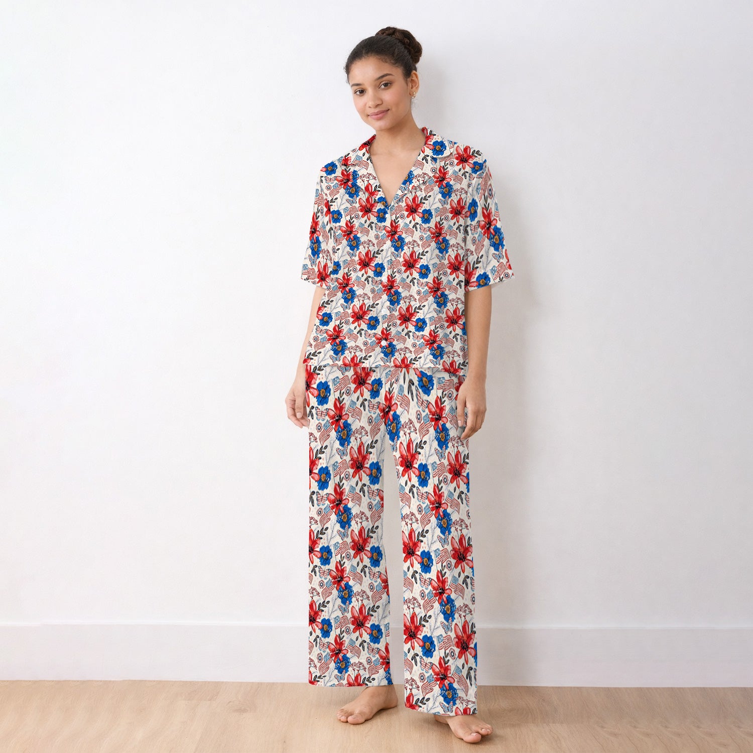 Patriotic Floral Flag Butterfly Pattern Pajama Set, Soft Breathable Fabric Comfortable Sleepwear