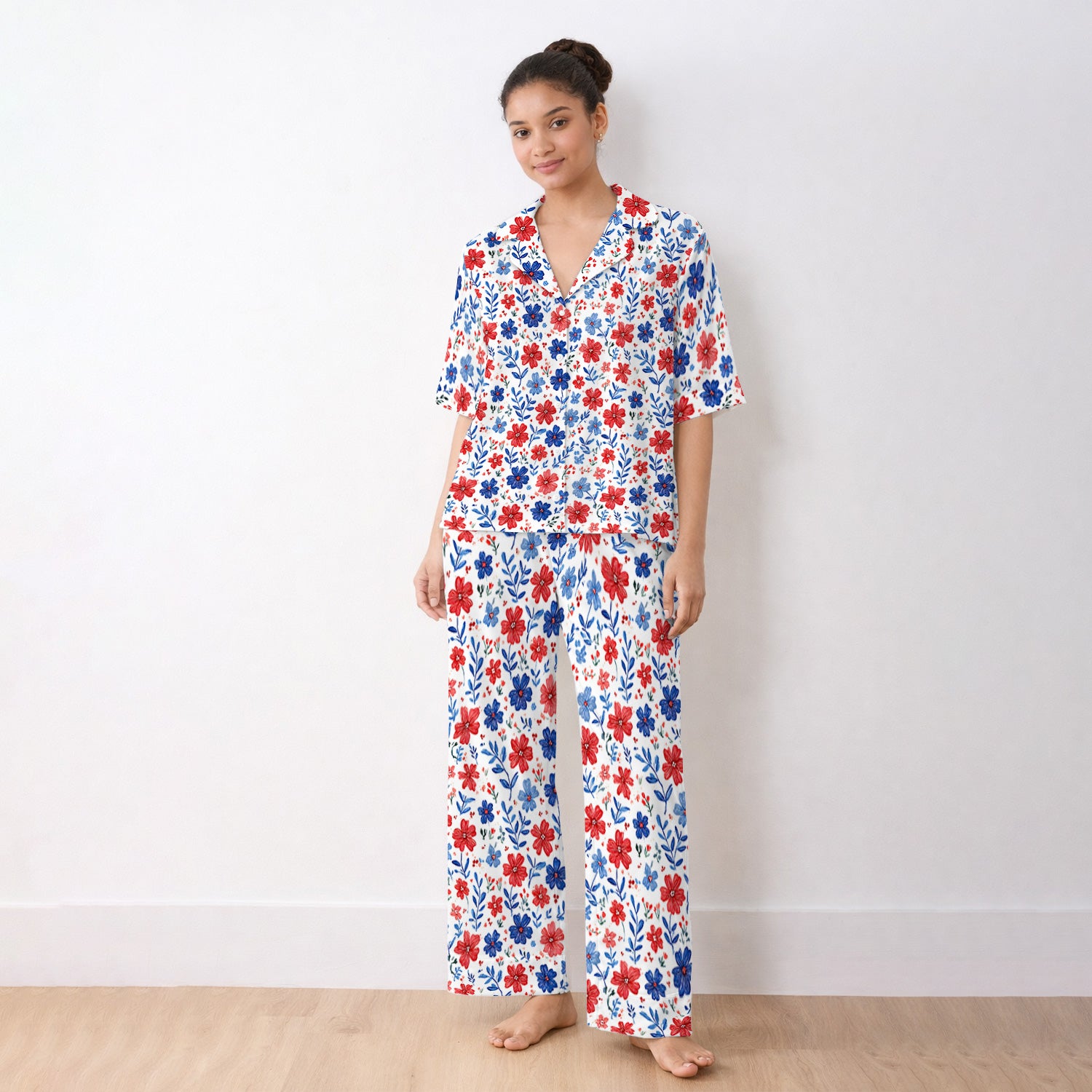 Patriotic Red White Blue Floral Print Pajama Set, Soft Breathable Fabric Comfortable Sleepwear