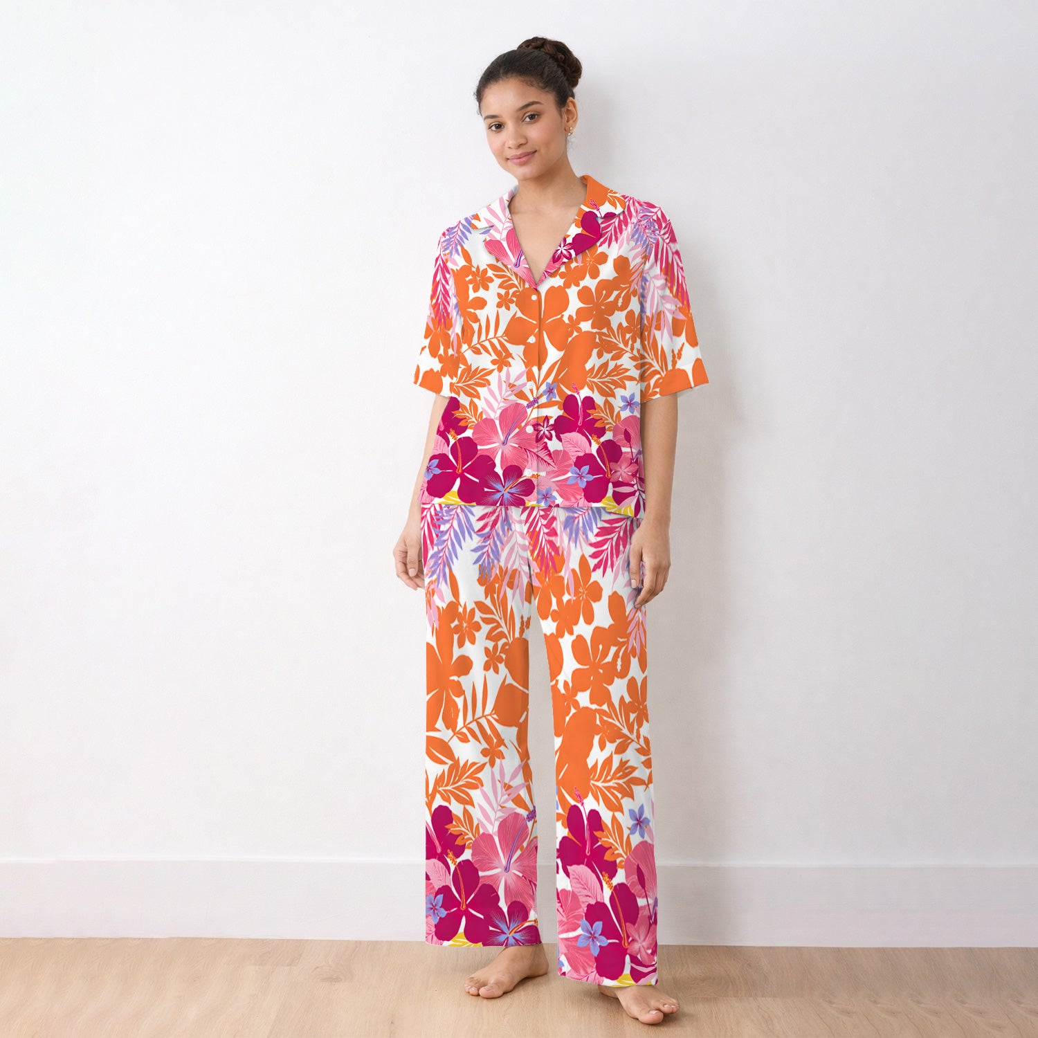 Cheerful Tropical Hibiscus Bloom Pattern Pajama Set, Soft Breathable Fabric Comfortable Sleepwear