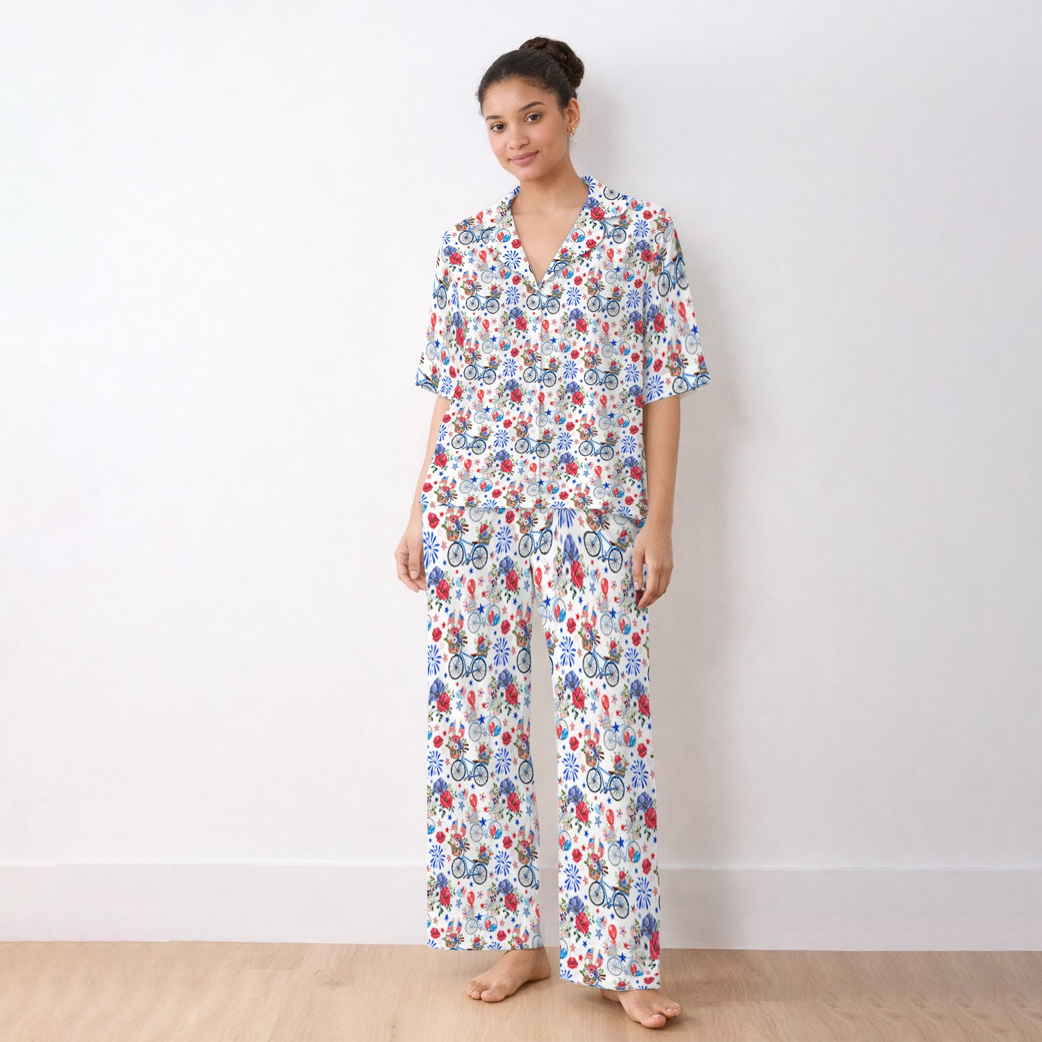 Patriotic Bicycle Floral Fireworks Print Pajama Set, Soft Breathable Fabric Comfortable Sleepwear