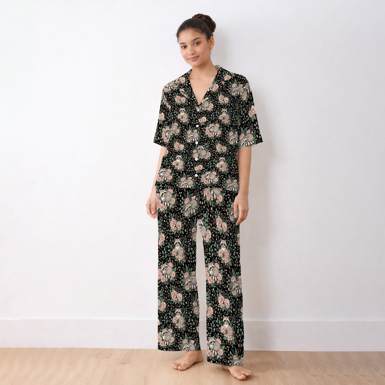 Sleeping Raccoon Rose Garden Pattern Pajama Set, Soft Breathable Fabric Comfortable Sleepwear