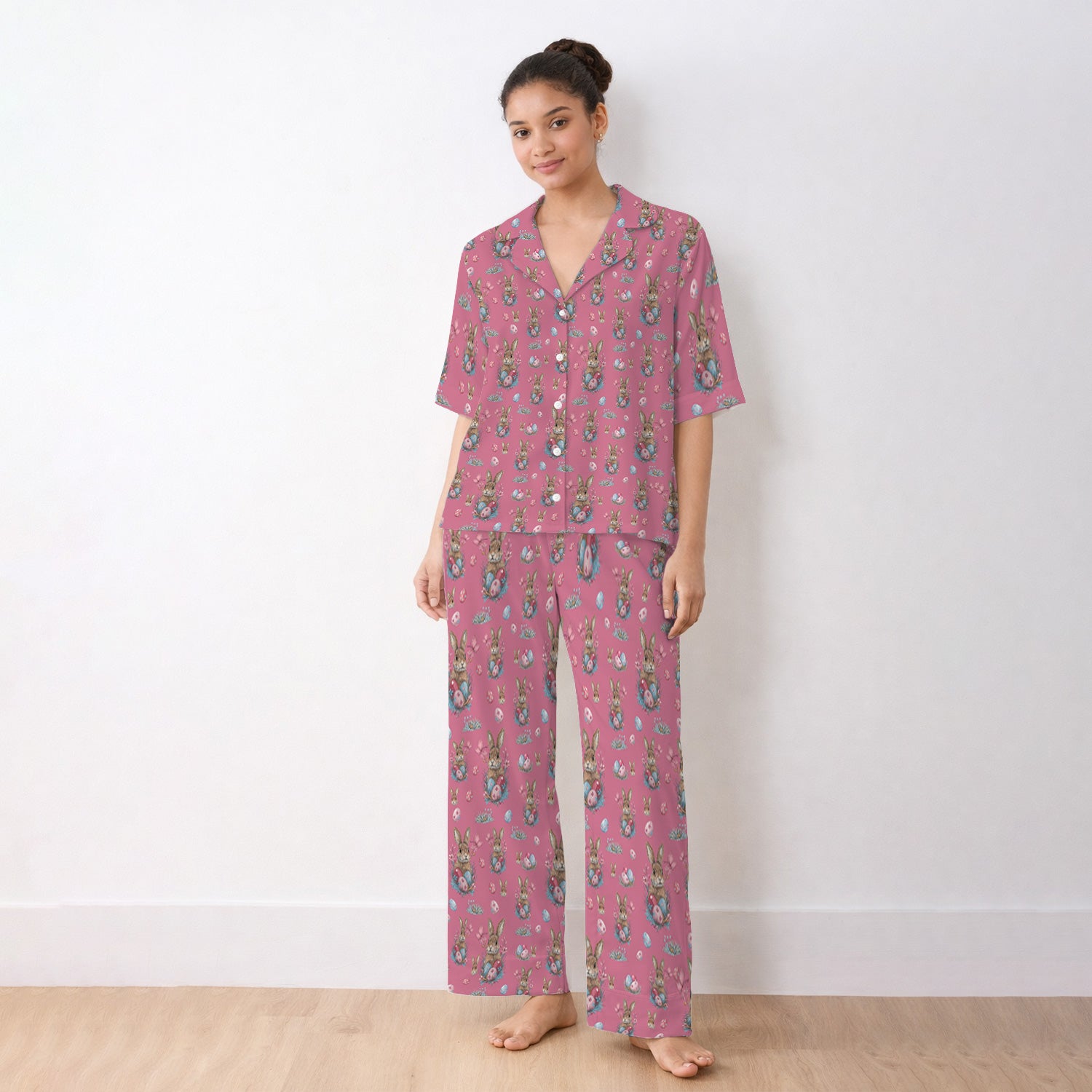 Pastel Easter Bunny Nest Pattern Pajama Set, Breathable Fabrics Uniform