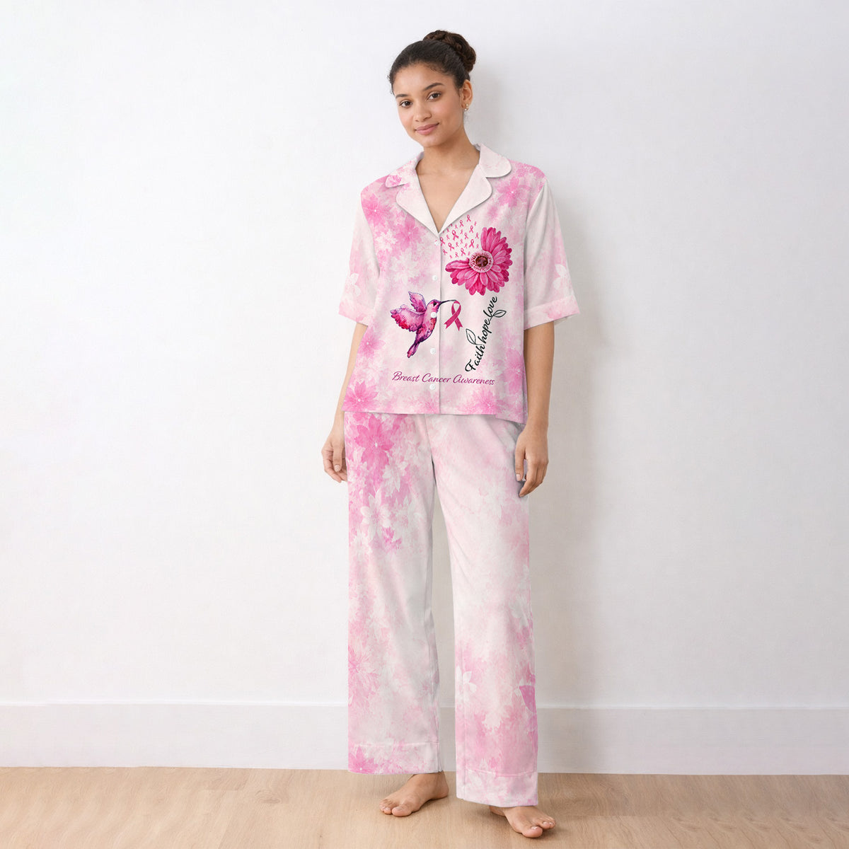 Breast Cancer Awareness Hummingbird Pattern Pajama Set, Soft Breathable Fabric Comfortable Sleepwear