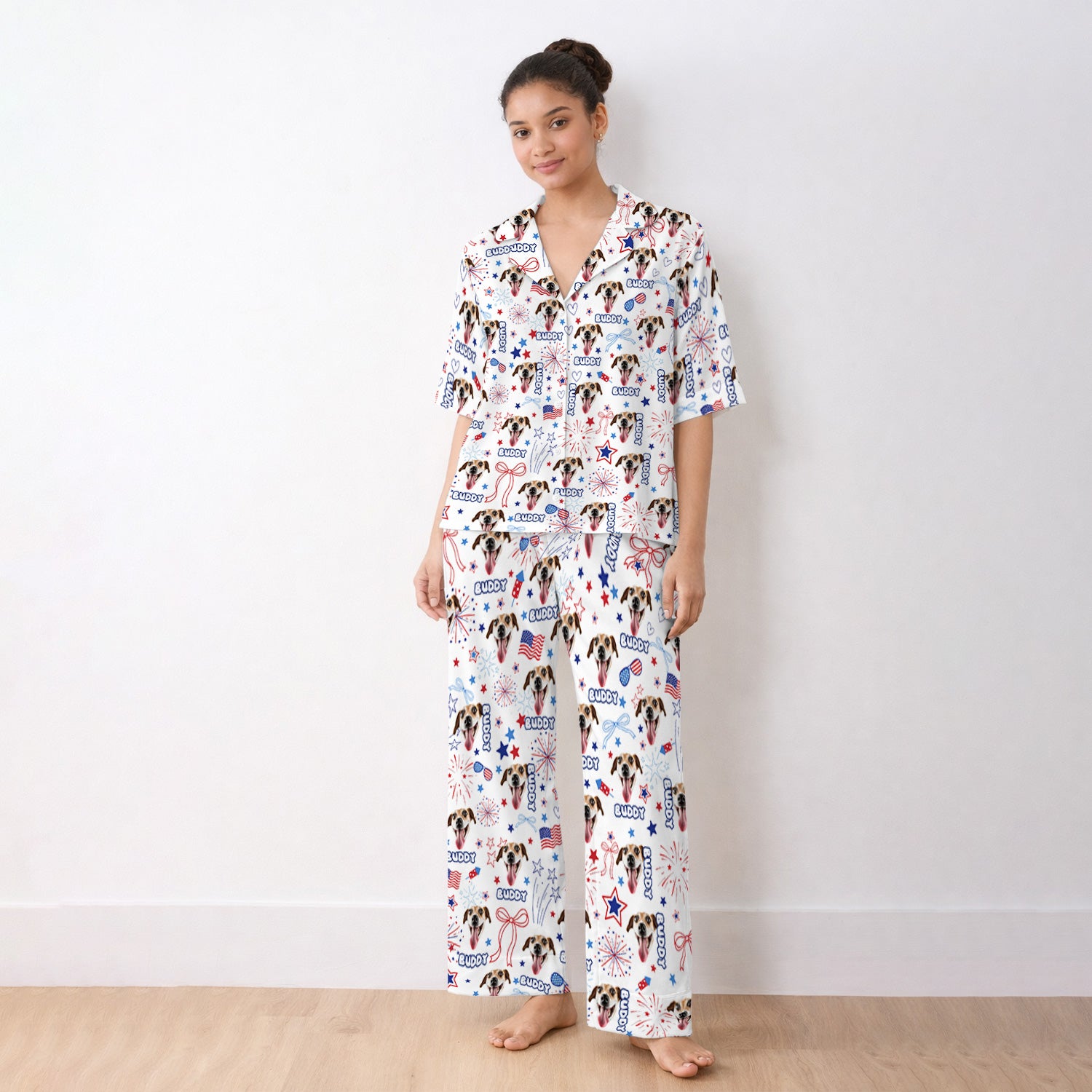 Personalized Patriotic Dog Face Name Pattern Pajama Set, Soft Breathable Fabric Comfortable Sleepwear