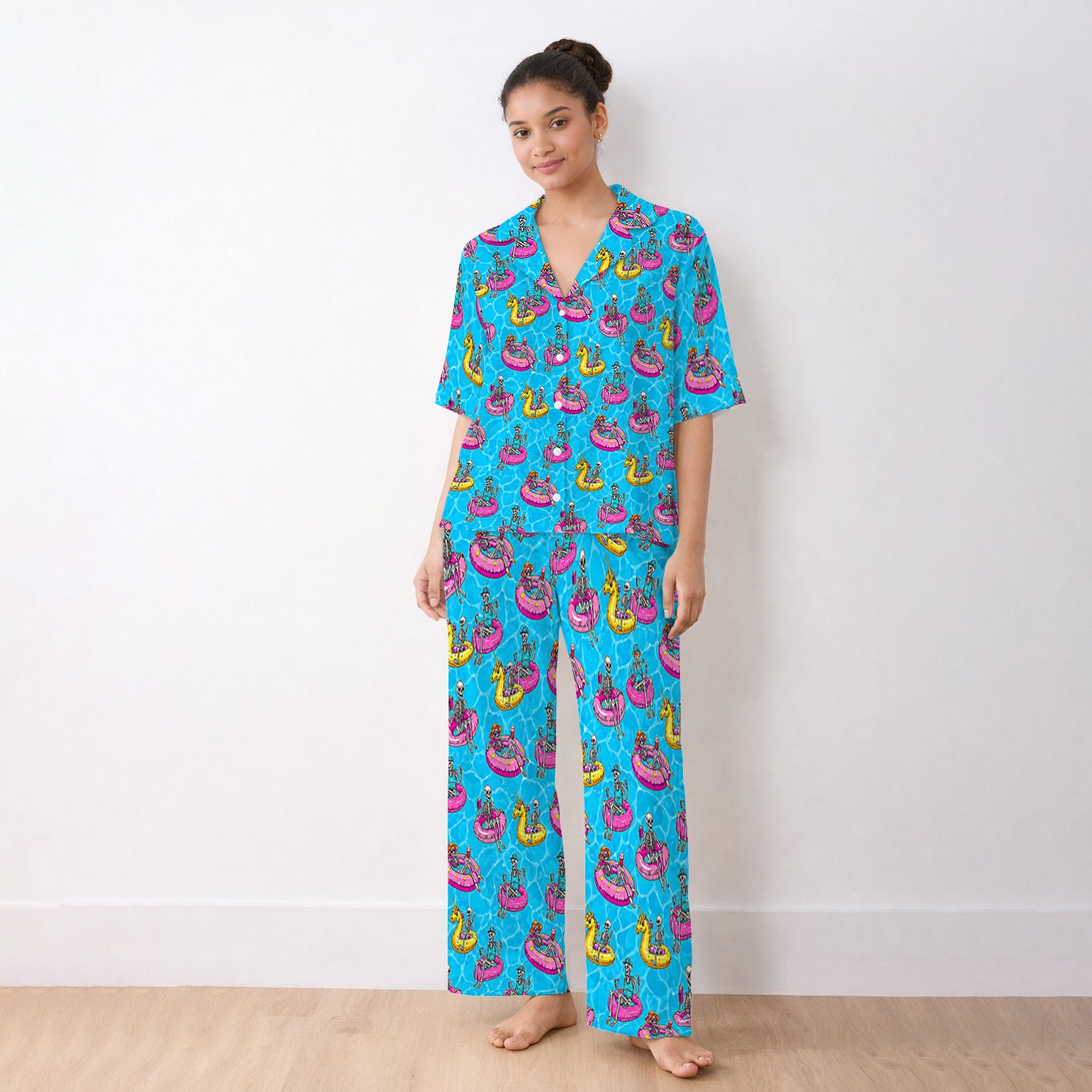Summerween Skeleton with Pool Float Print Pajama Set, Soft Breathable Fabric Comfortable Sleepwear