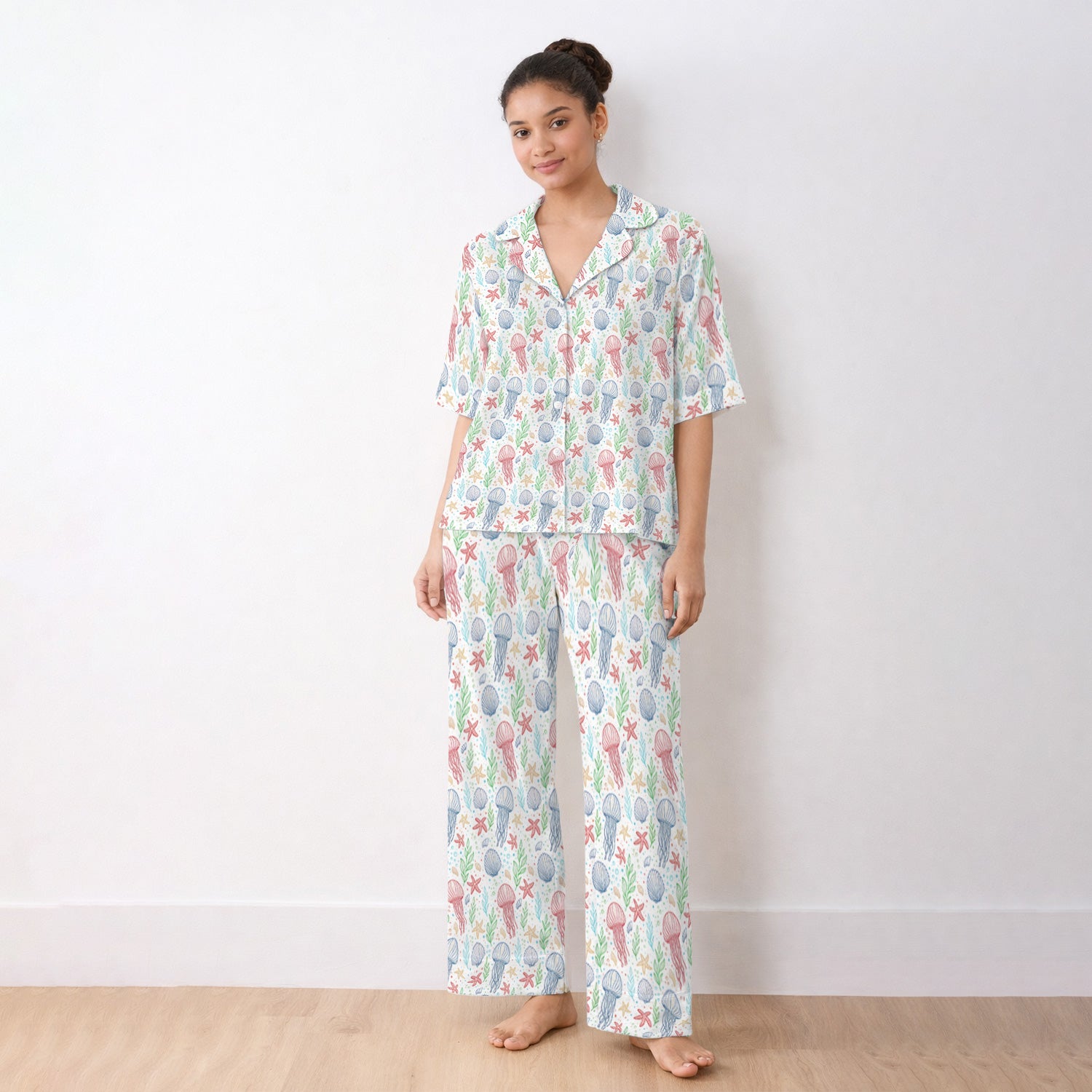 Cute Jellyfish Ocean World Pattern Pajama Set, Soft Breathable Fabric Comfortable Sleepwear