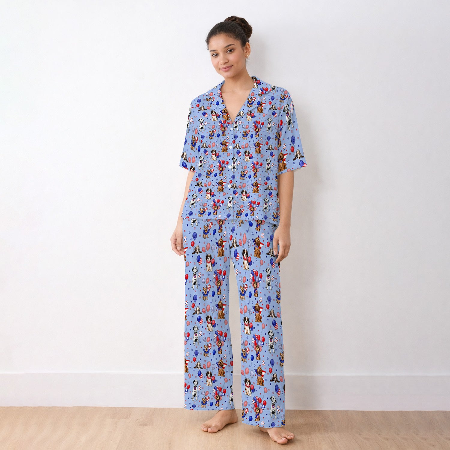 Patriotic Dogs With USA Flag Balloons Pattern Pajama Set, Soft Breathable Fabric Comfortable Sleepwear
