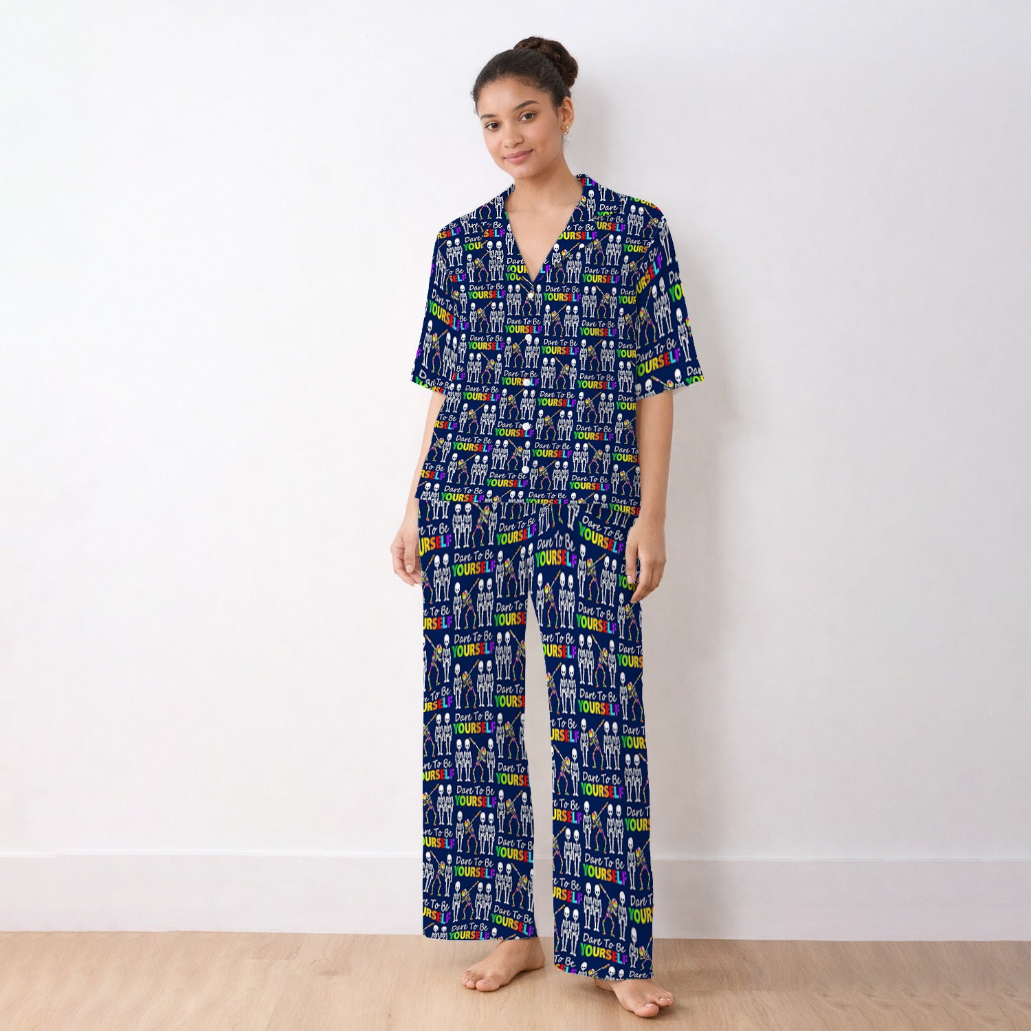 Rainbow Skeleton Dare To Be Yourself Pattern Pajama Set, Breathable Fabrics Uniform