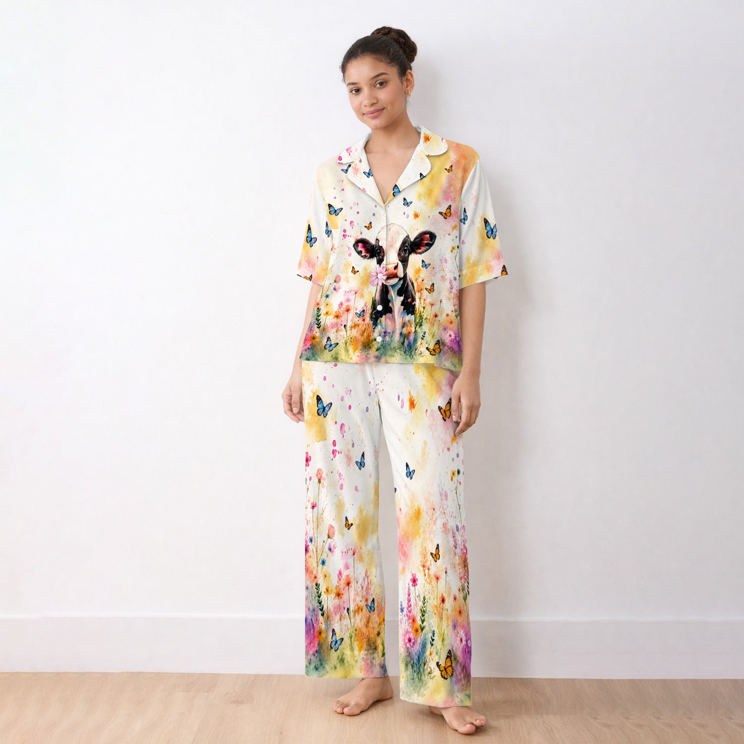 Cute Butterfly Baby Cow Pattern Pajama Set, Soft Breathable Fabric Comfortable Sleepwear