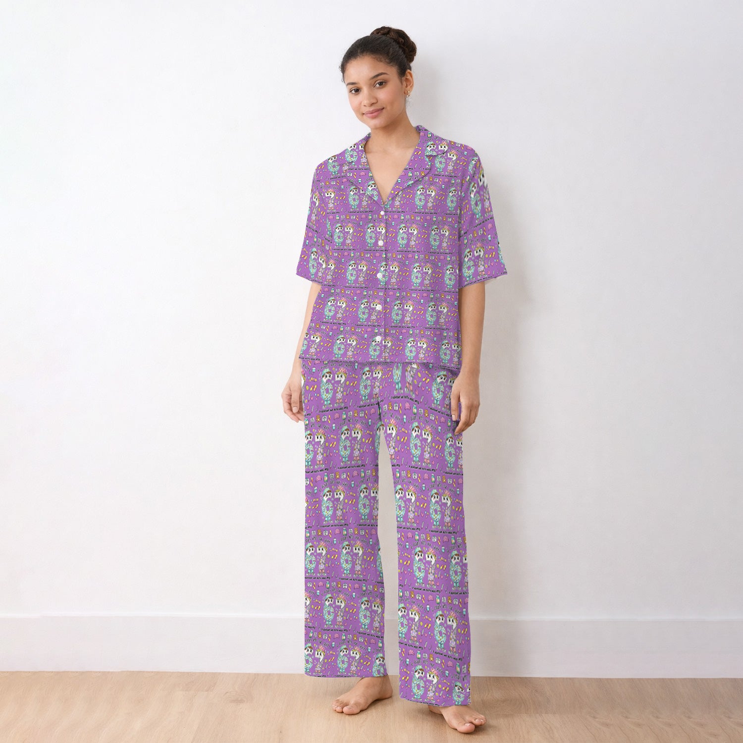 Cartoon Characters Six Hours Into Shift With Medical Doodle Pajama Set, Breathable Fabrics Uniform