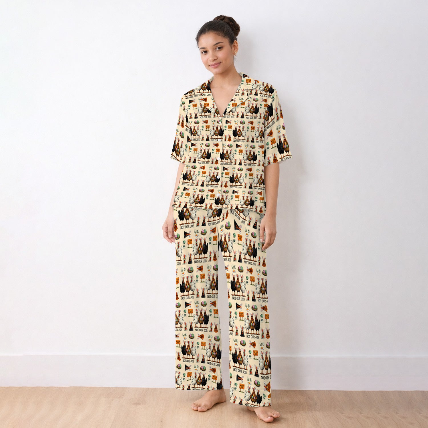 Funny Easter Chicken Humor Pattern Pajama Set, Breathable Fabrics Uniform