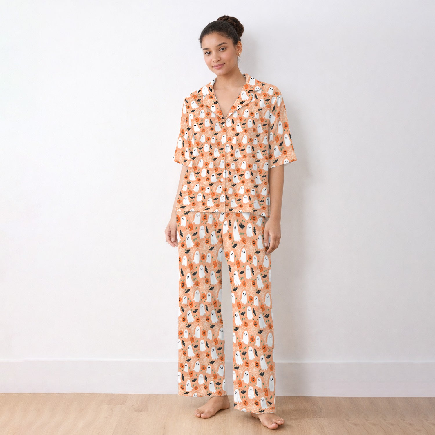 Cute Halloween Ghost And Pumpkin Pajama Set, Soft Breathable Fabric Comfortable Sleepwear