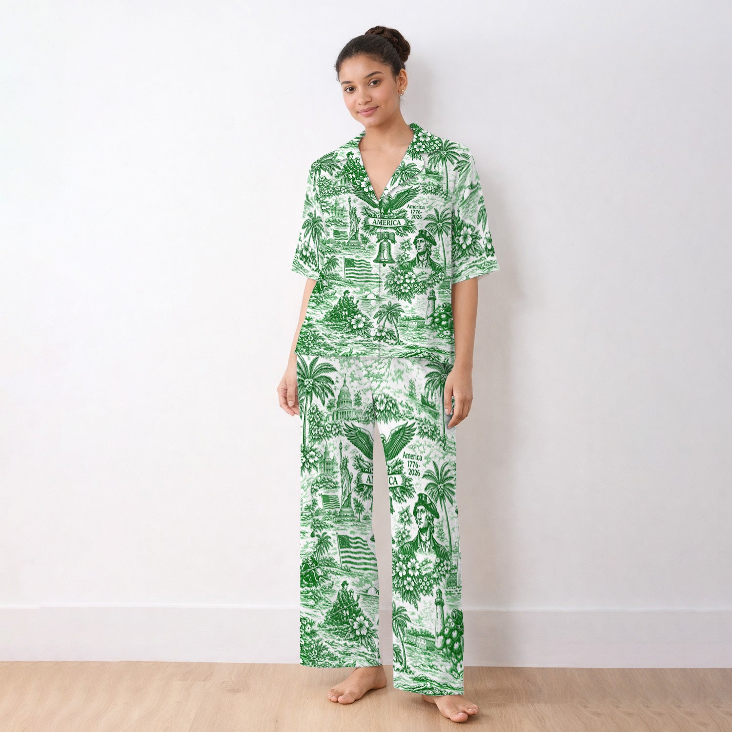 Patriotic America Heritage Toile Pattern Pajama Set, Breathable Fabrics Uniform