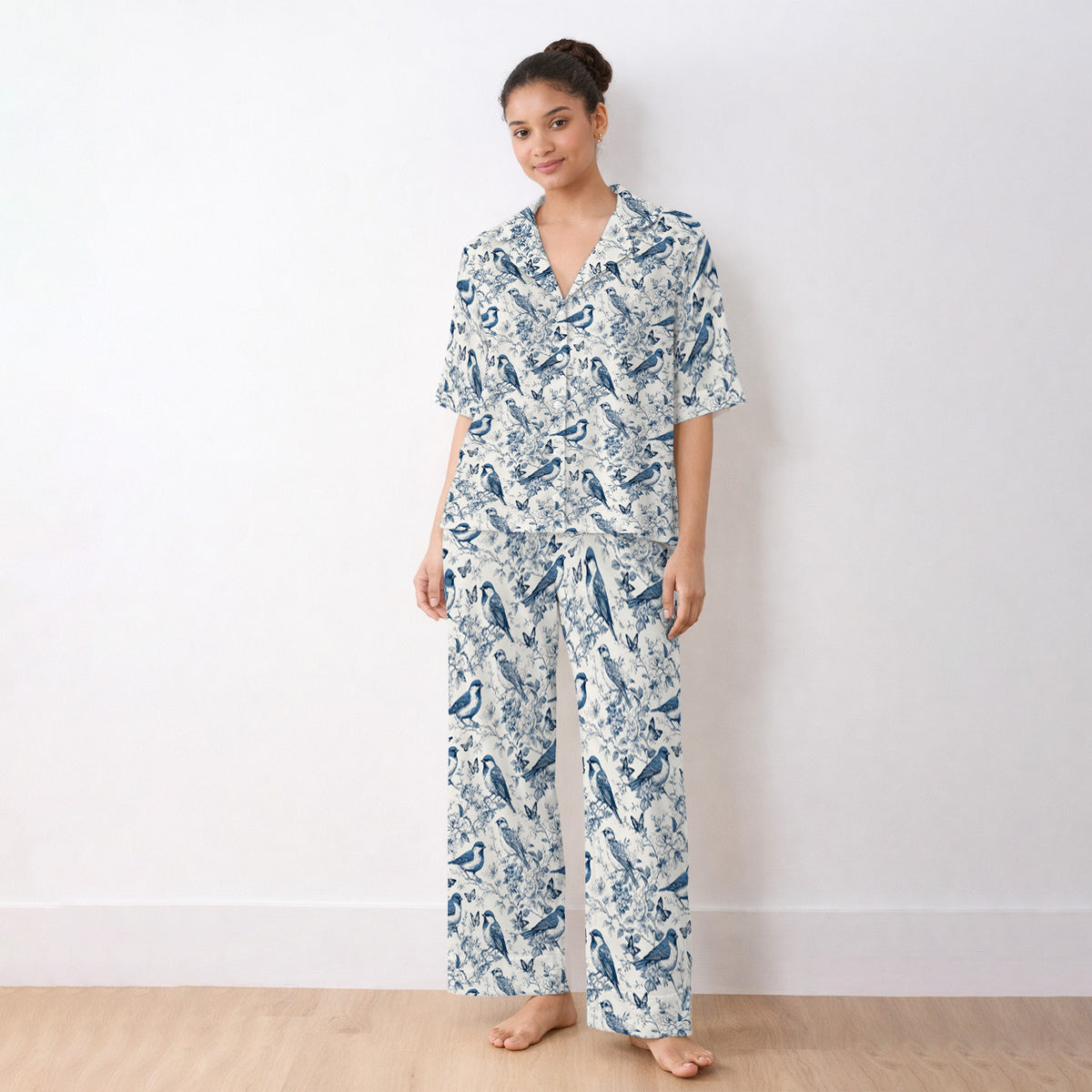 Blue Toile Songbird With Butterfly Print Pajama Set, Soft Breathable Fabric Comfortable Sleepwear