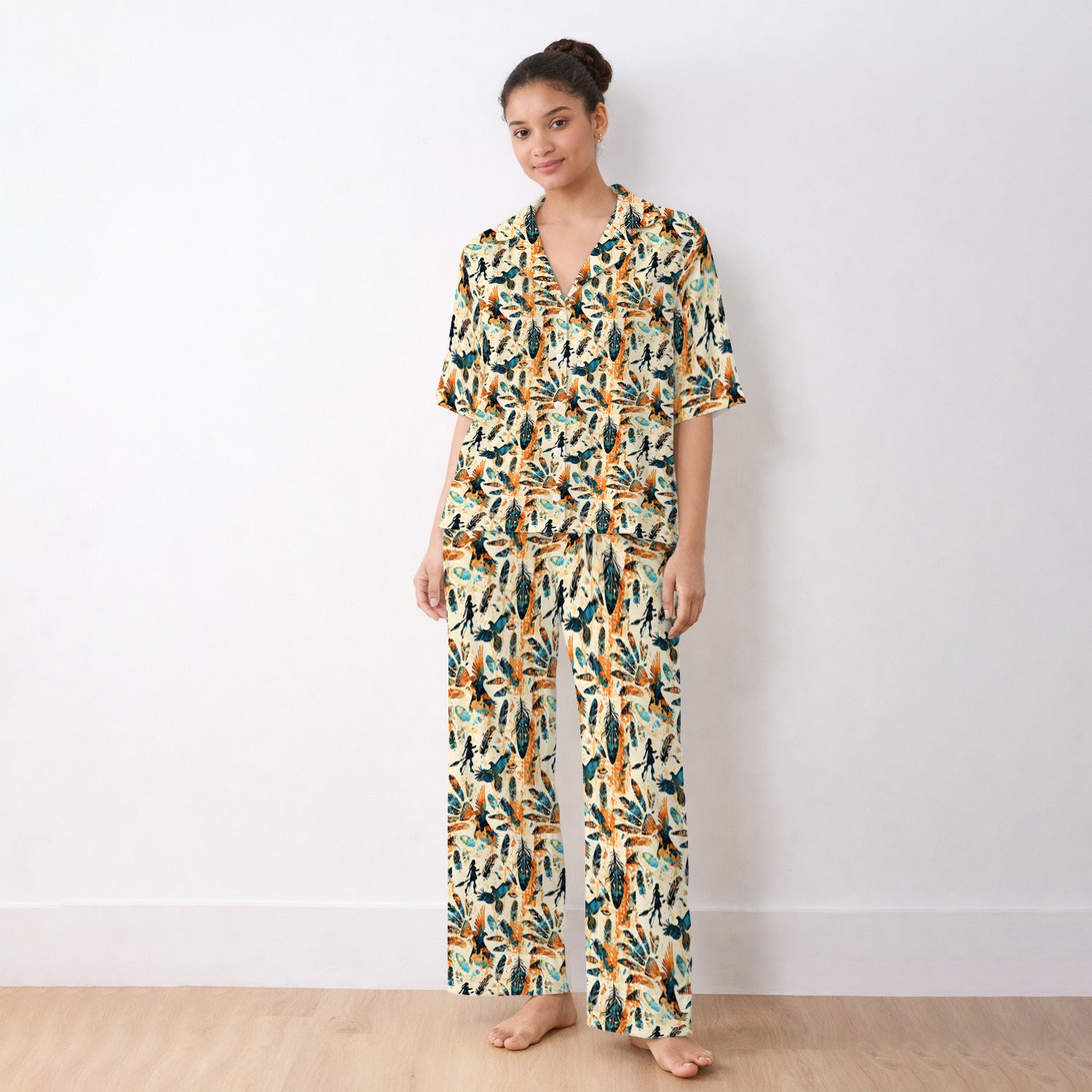 Feather Birds Tribal Print Pajama Set, Soft Breathable Fabric Comfortable Sleepwear