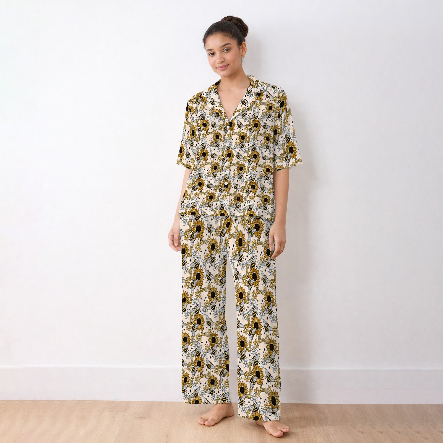 Sunflower And Honey Bee Floral Pajama Set, Breathable Fabrics Uniform