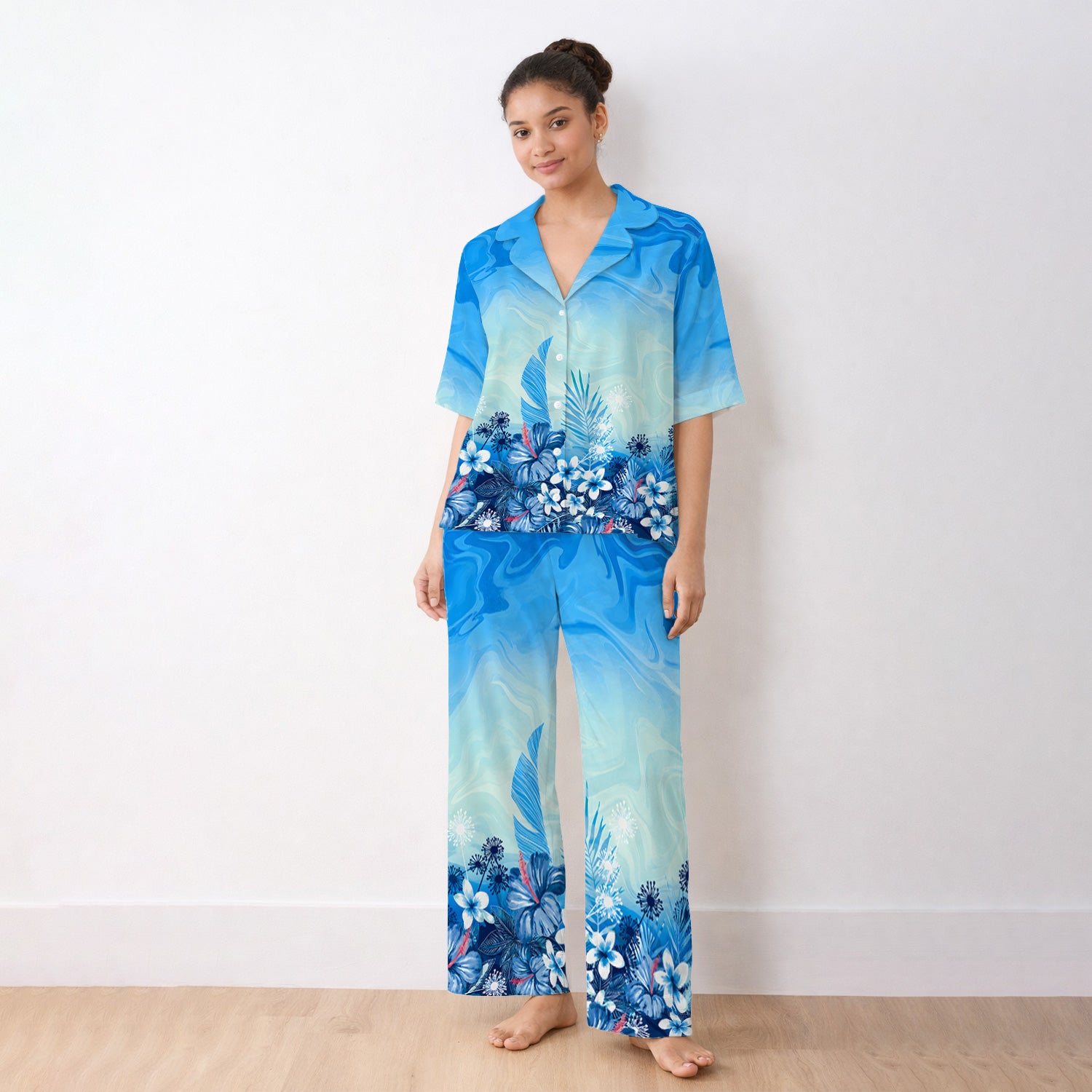 Elegant Blue Tropical Floral Pattern Pajama Set, Soft Breathable Fabric Comfortable Sleepwear