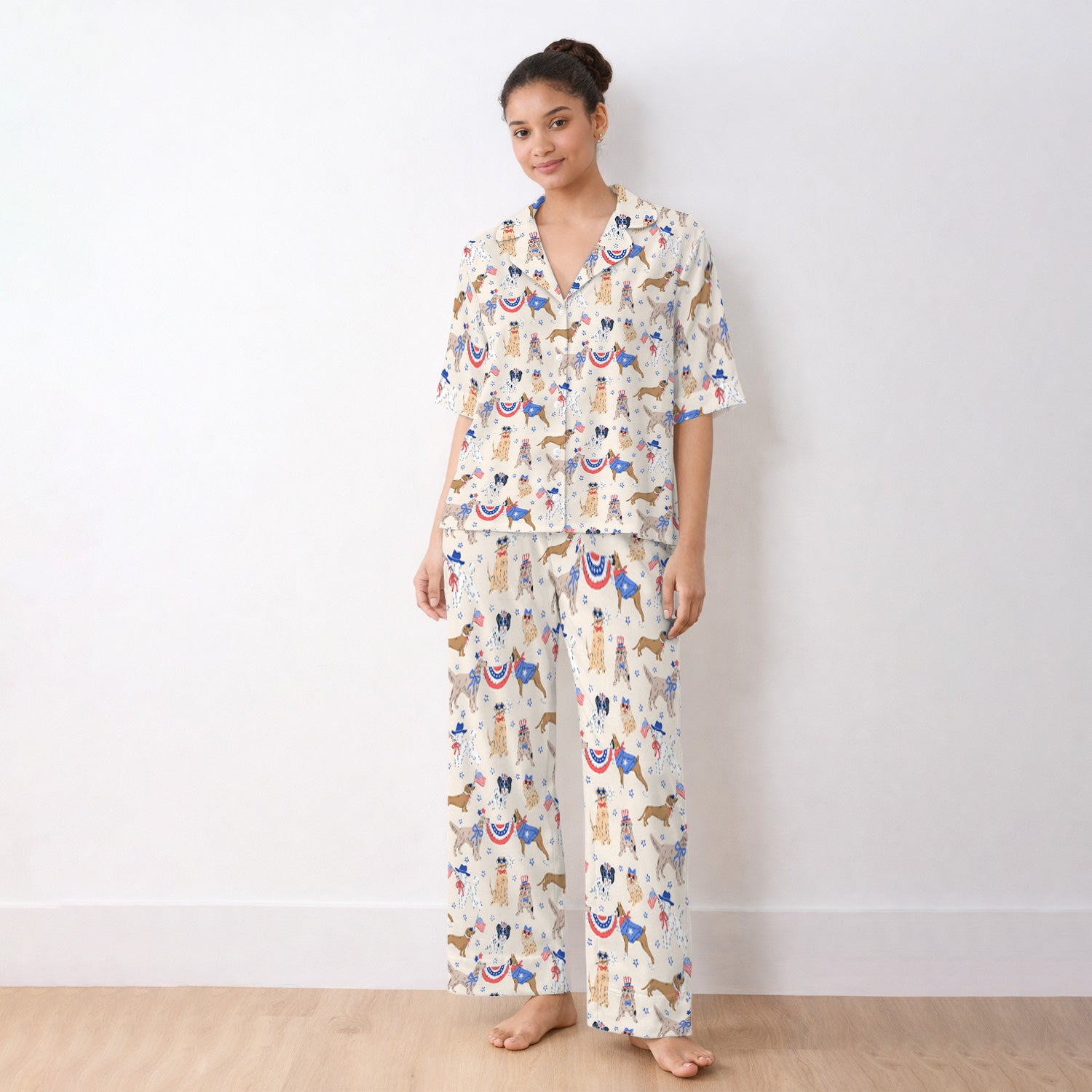 Patriotic Dog Parade Pattern Pajama Set, Soft Breathable Fabric Comfortable Sleepwear