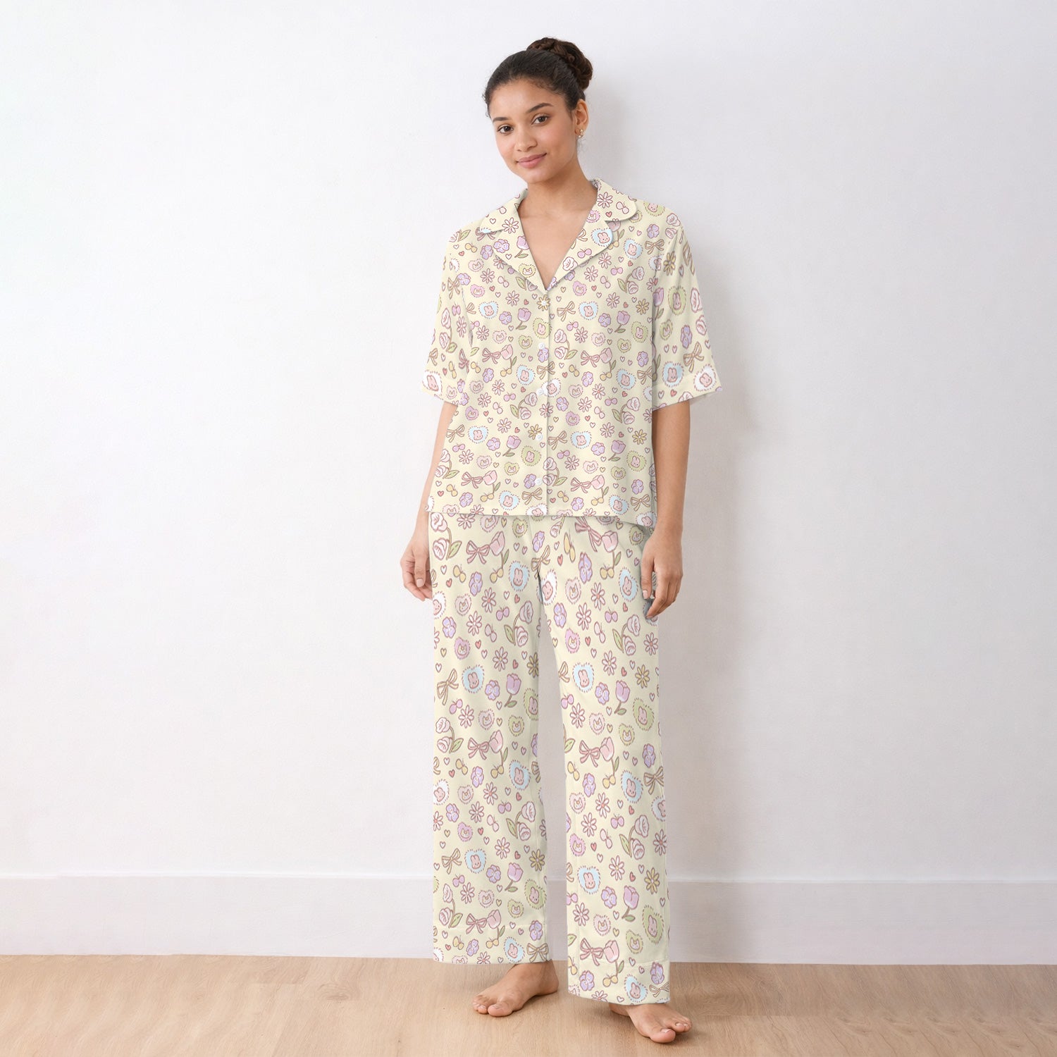 Pastel Bunny Flower Heart Pattern Nurse Pajama Set, Soft Breathable Fabric Comfortable Sleepwear