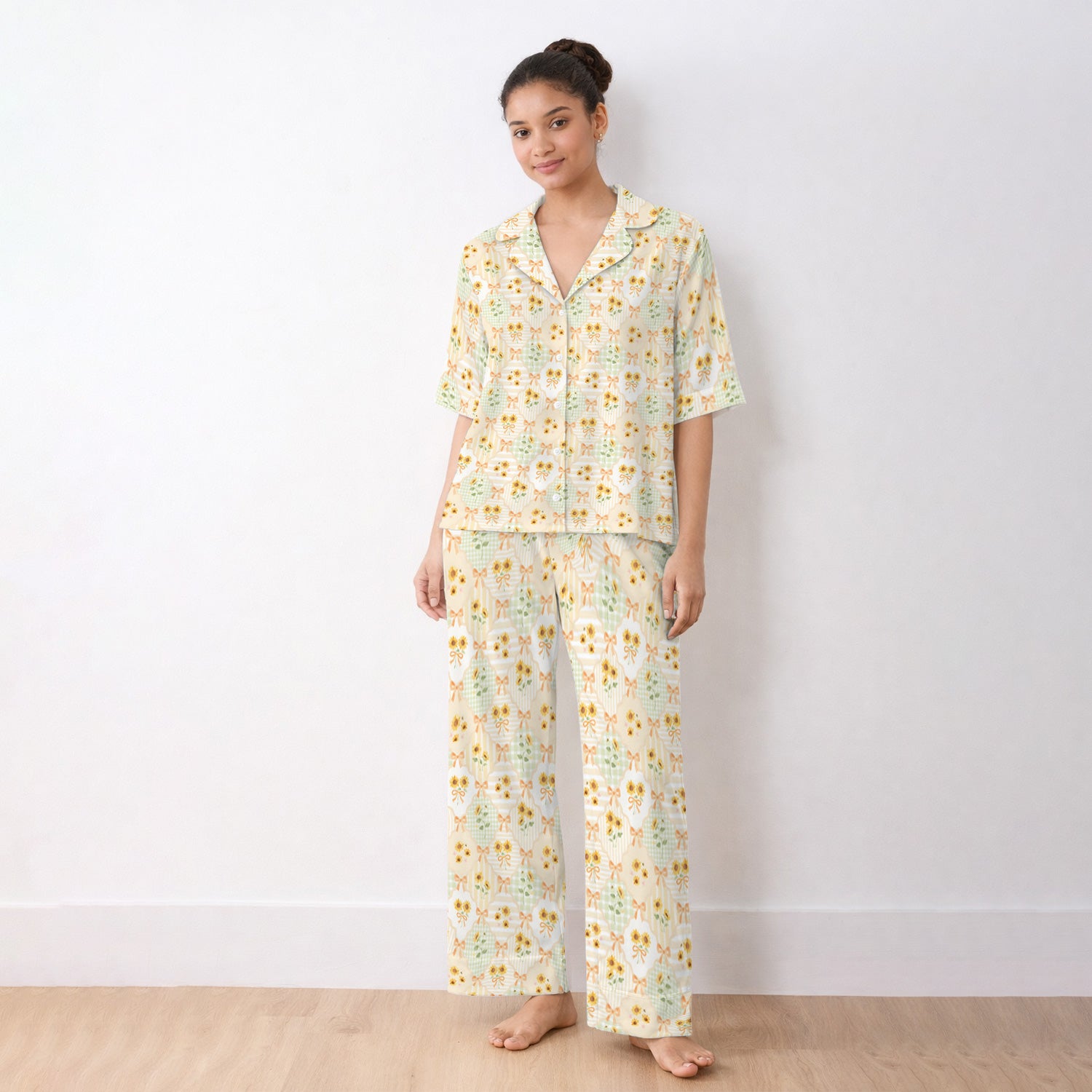 Cute Sunflower Ribbon Patchwork Pattern Pajama Set, Soft Breathable Fabric Comfortable Sleepwear