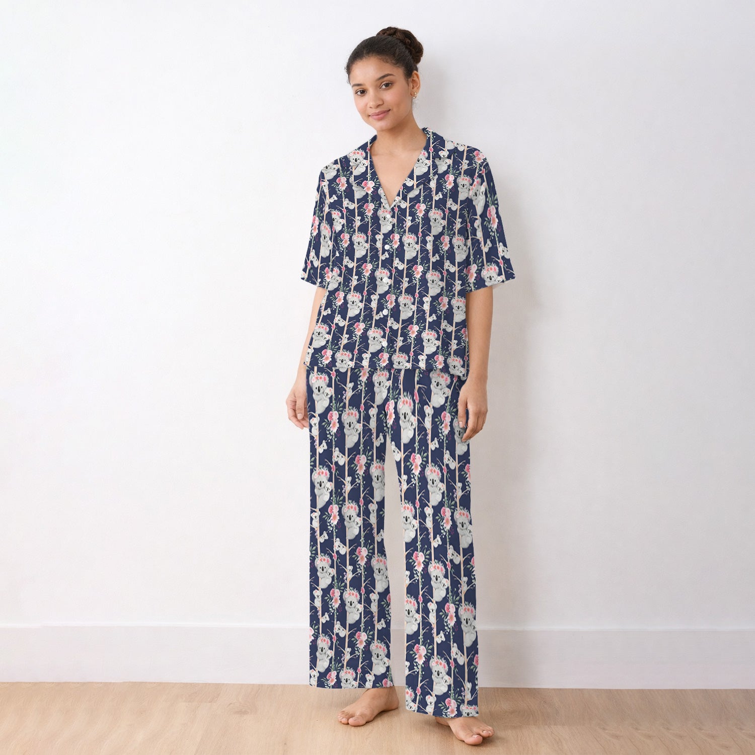 Cute Koala Climbing Tree Blossom Pattern Nurse Pajama Set, Soft Breathable Fabric Comfortable Sleepwear