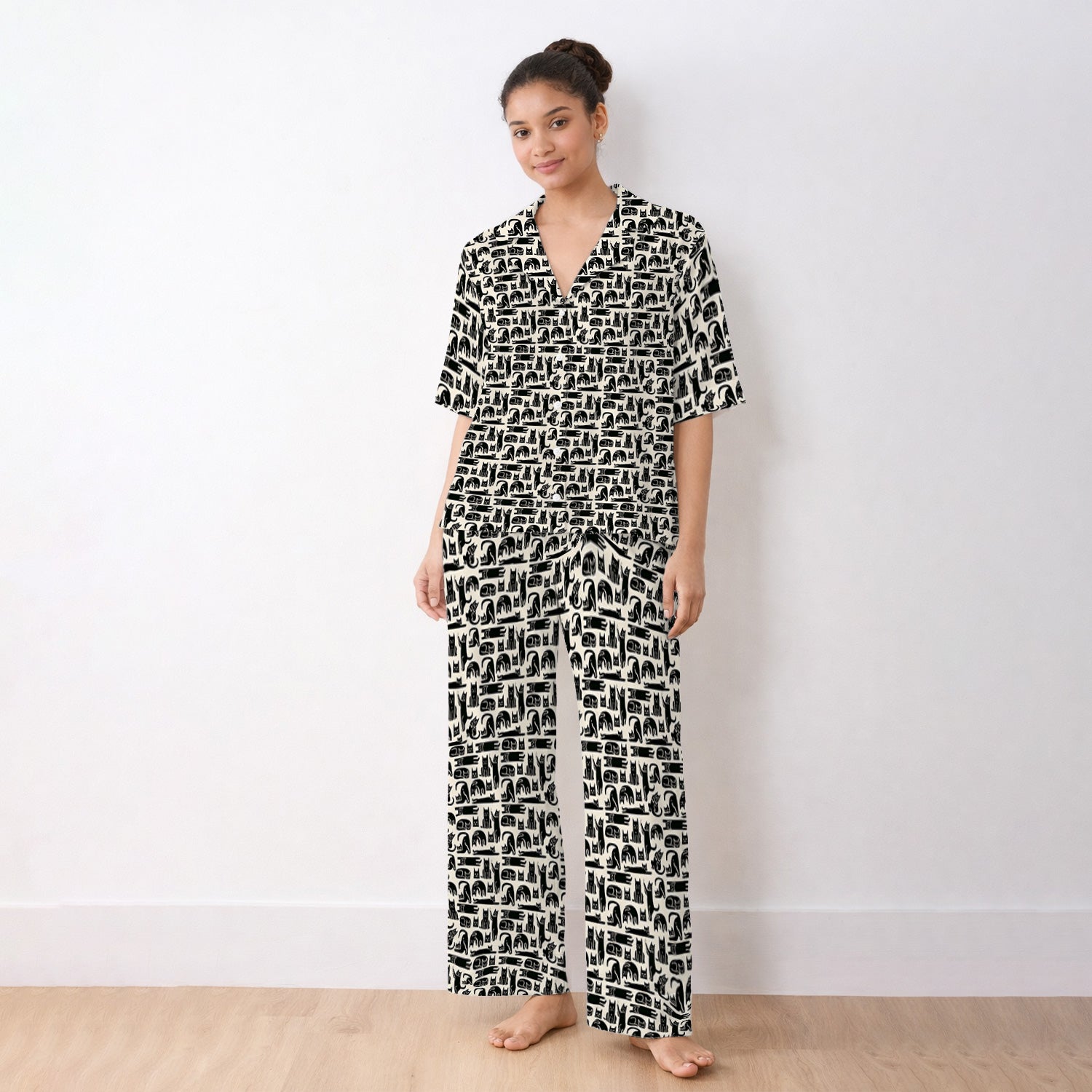 Cute Funny Cat Poses Print Pajama Set, Breathable Fabrics Uniform