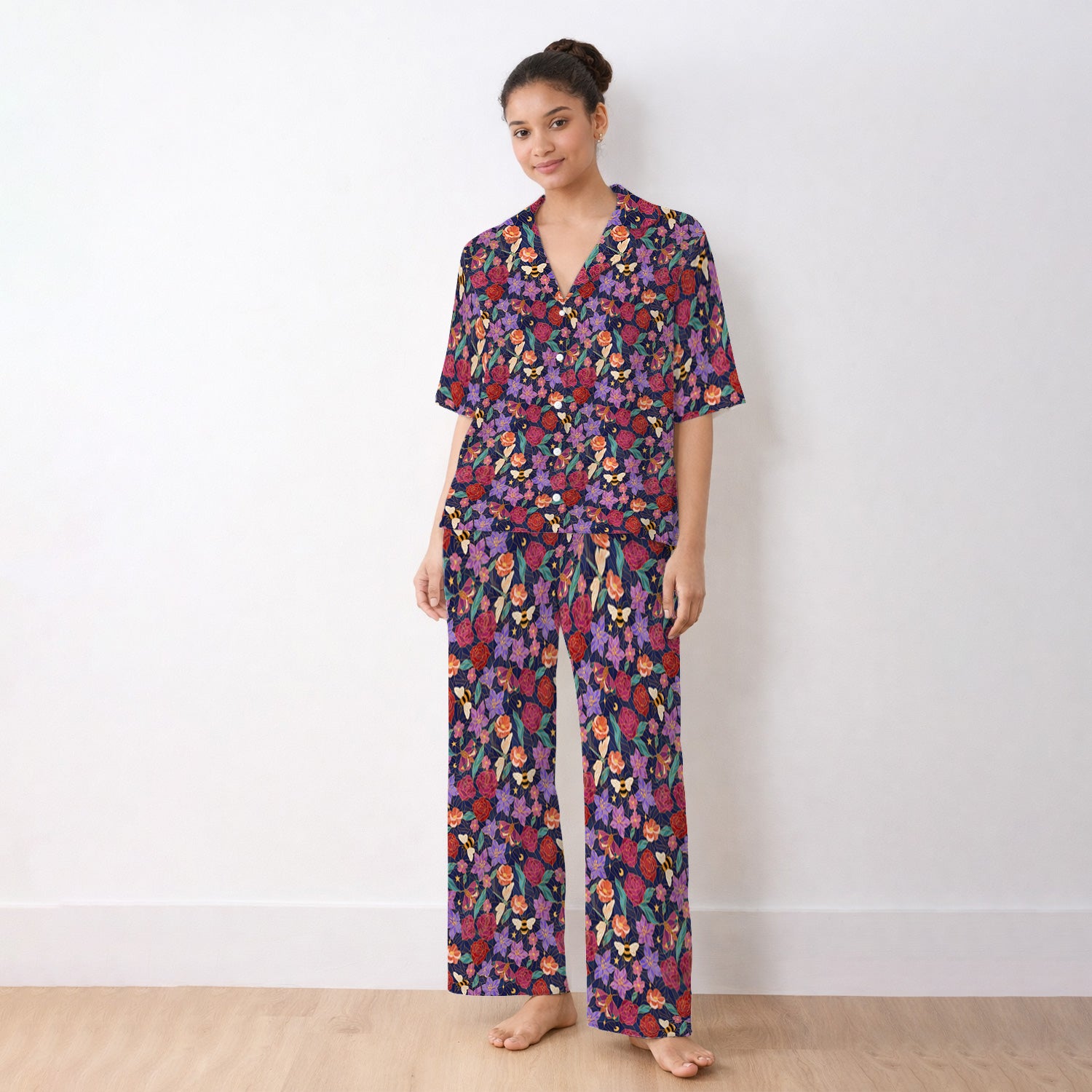 Charming Floral Garden With Bees And Dragonflies Pajama Set, Soft Breathable Fabric Comfortable Sleepwear