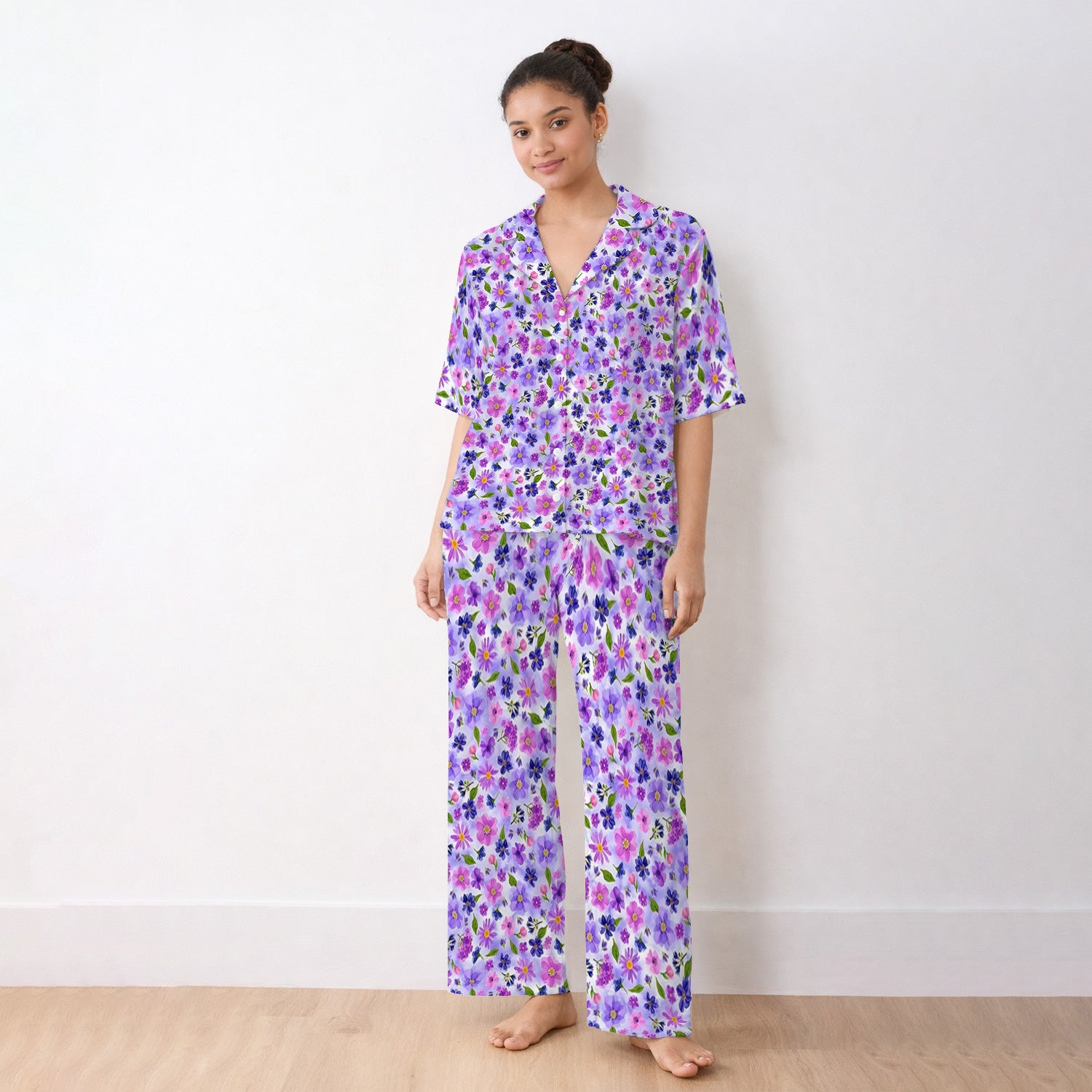 Purple Watercolor Wildflower Bloom Pattern Pajama Set, Soft Breathable Fabric Comfortable Sleepwear
