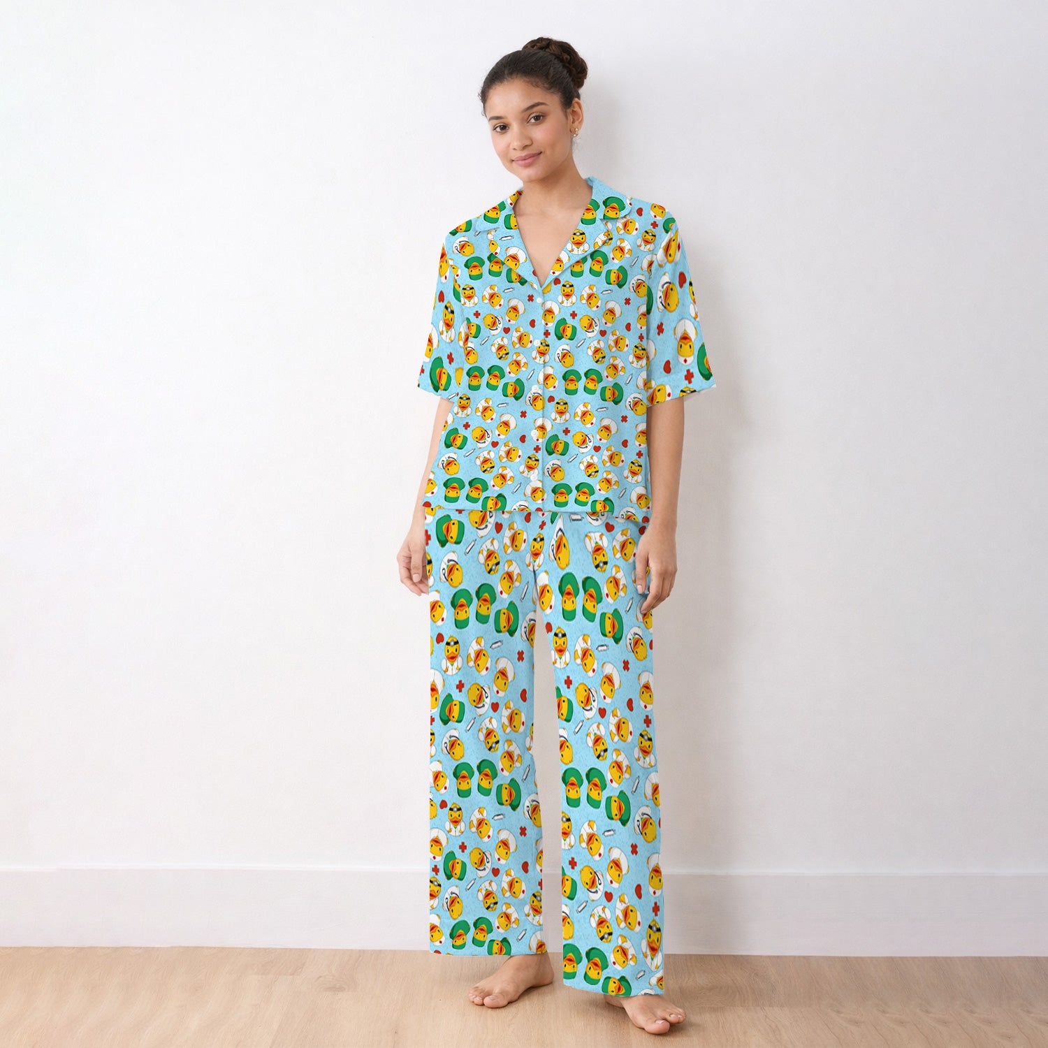 Duck Doctor Cartoon Pattern Pajama Set, Breathable Fabrics Uniform