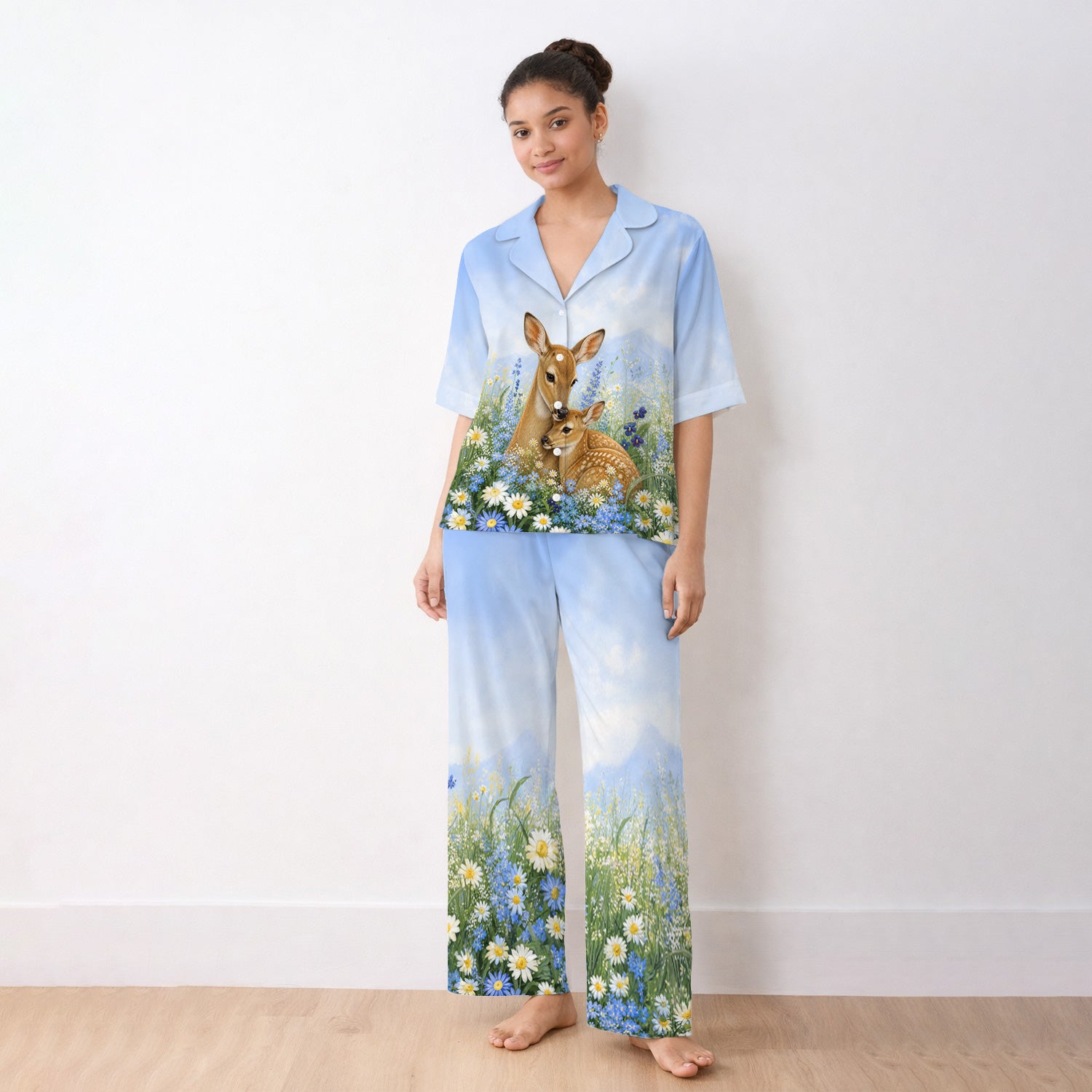 Cute Deer Mother Baby With Meadow Pattern Pajama Set, Soft Breathable Fabric Comfortable Sleepwear