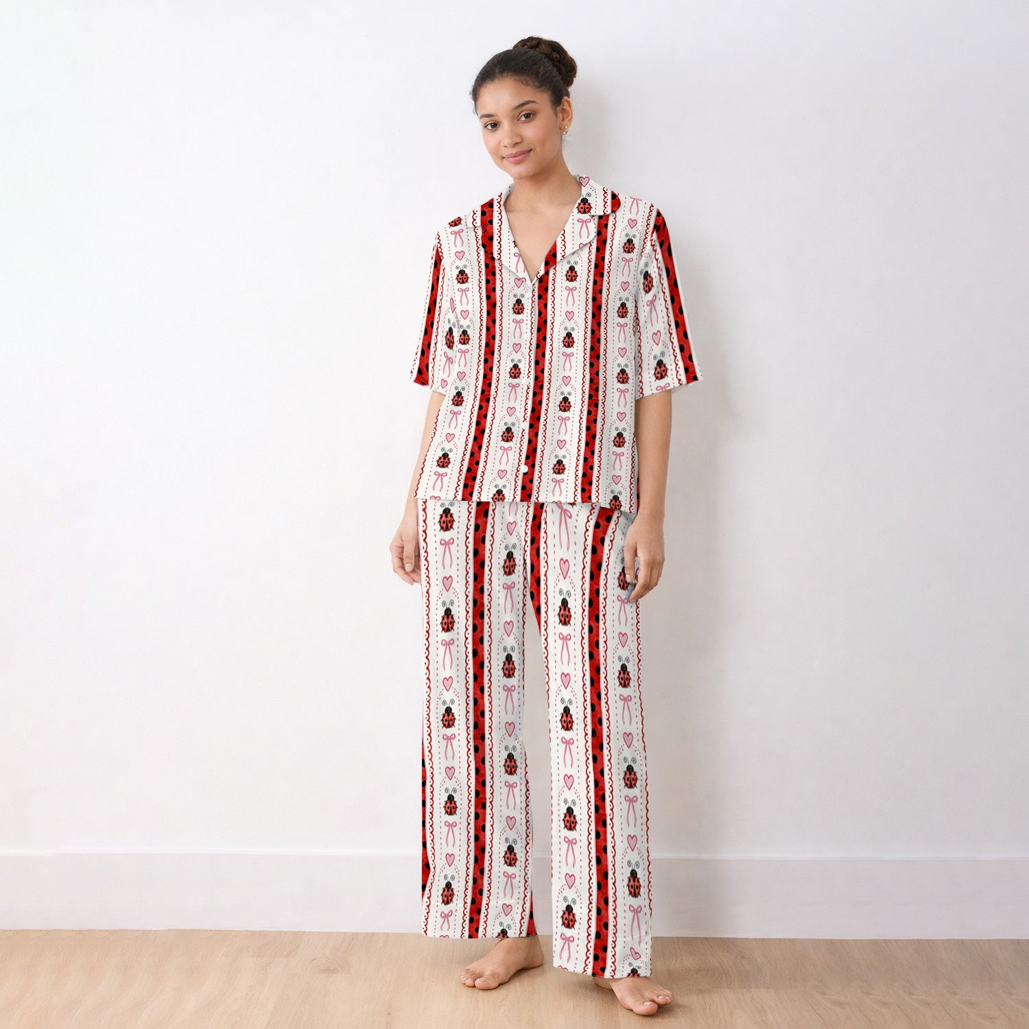 Cute Ladybug Heart Bow Stripe Pattern Pajama Set, Soft Breathable Fabric Comfortable Sleepwear