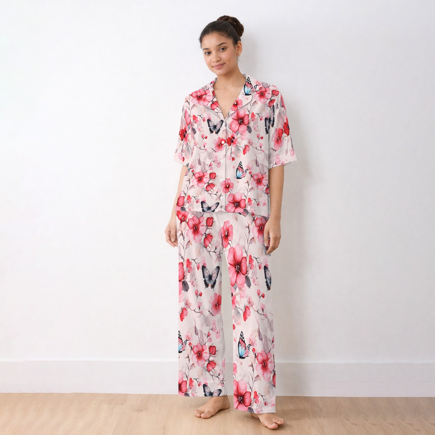 Pink Butterfly Blossom Pattern Pajama Set, Soft Breathable Fabric Comfortable Sleepwear