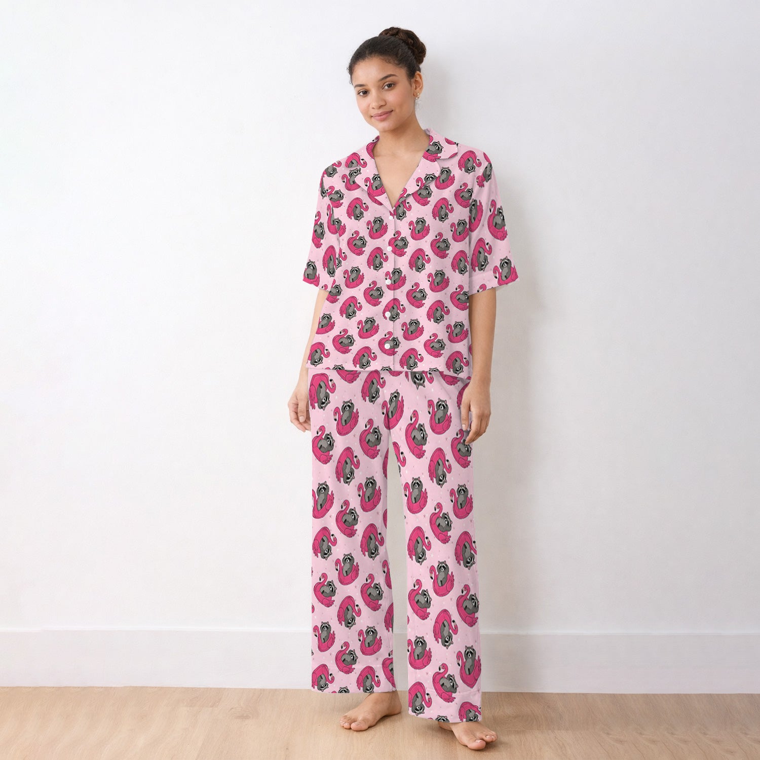 Cute Raccoon Flamingo Float Pattern Pajama Set, Soft Breathable Fabric Comfortable Sleepwear
