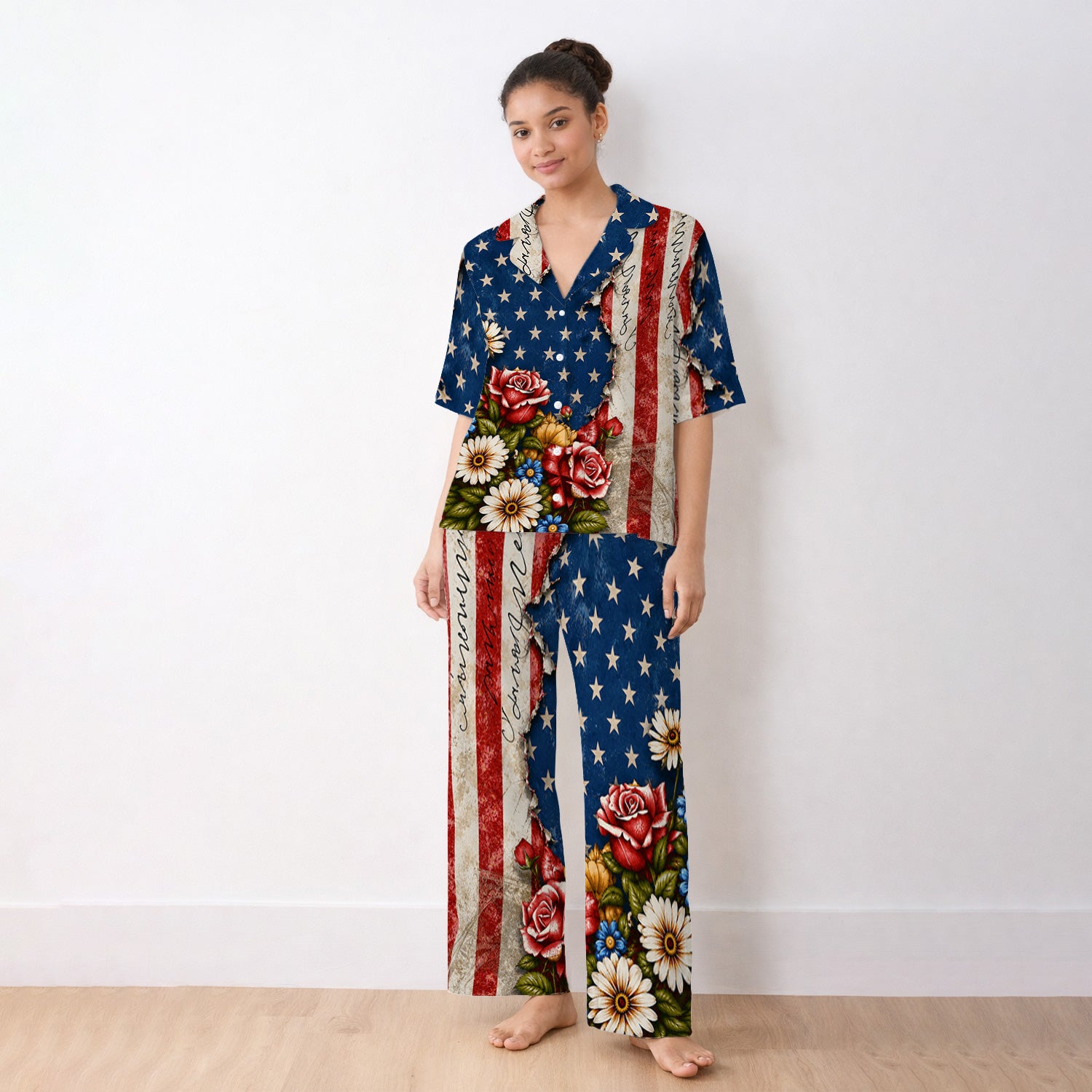 American Flag Vintage Rose Floral Pattern Pajama Set, Soft Breathable Fabric Comfortable Sleepwear