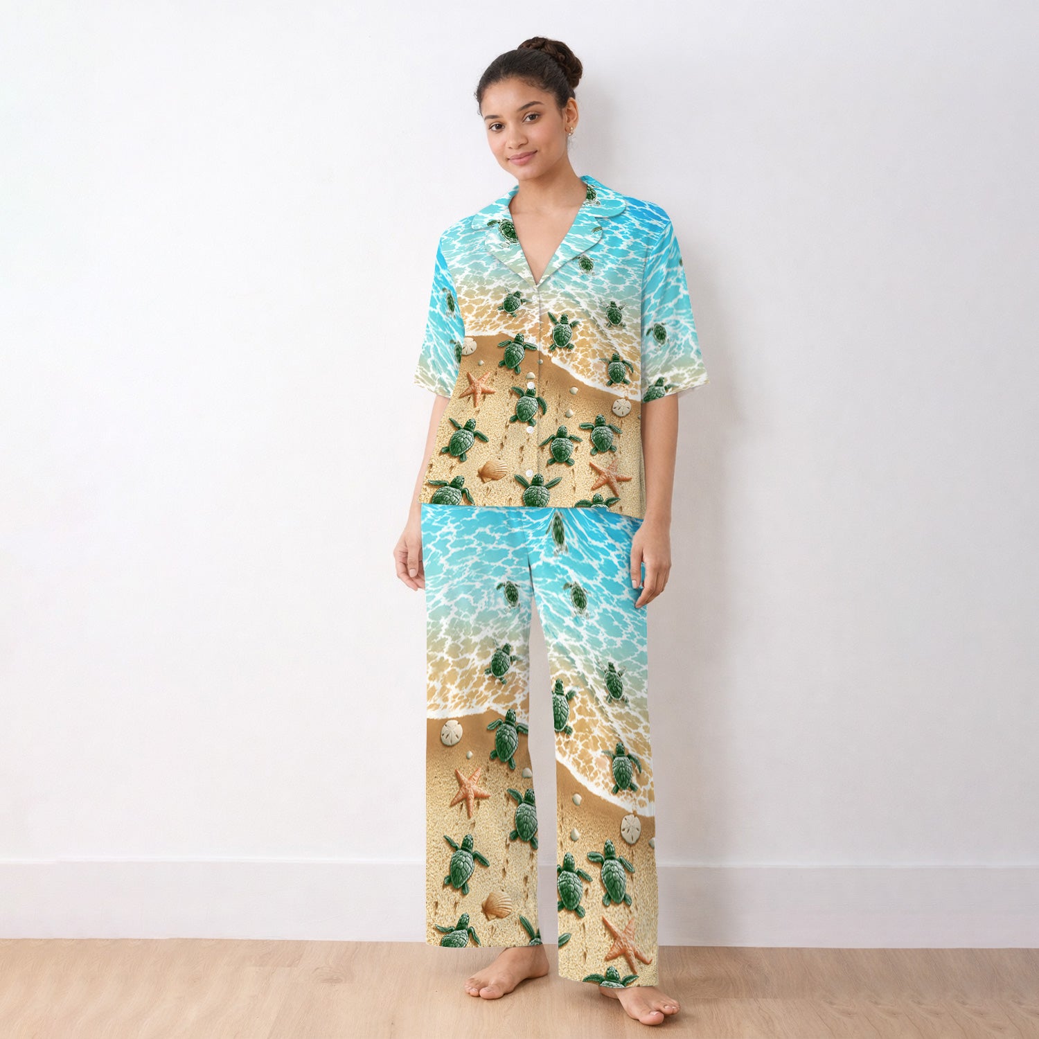 Coastal Sea Turtle Beach Pattern Pajama Set, Soft Breathable Fabric Comfortable Sleepwear