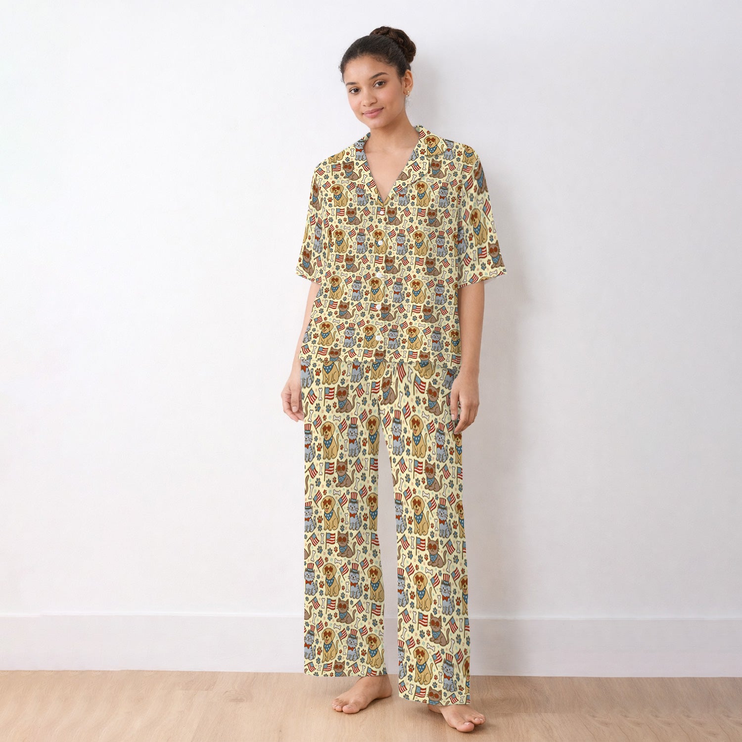 American Flag Patriotic Cat & Dog Pattern Pajama Set, Soft Breathable Fabric Comfortable Sleepwear