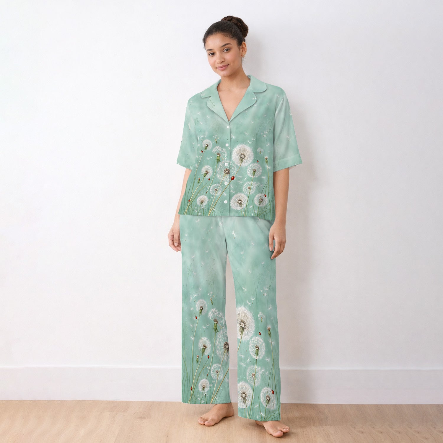 Dandelion Wishes Ladybug Meadow Pattern Pajama Set, Soft Breathable Fabric Comfortable Sleepwear