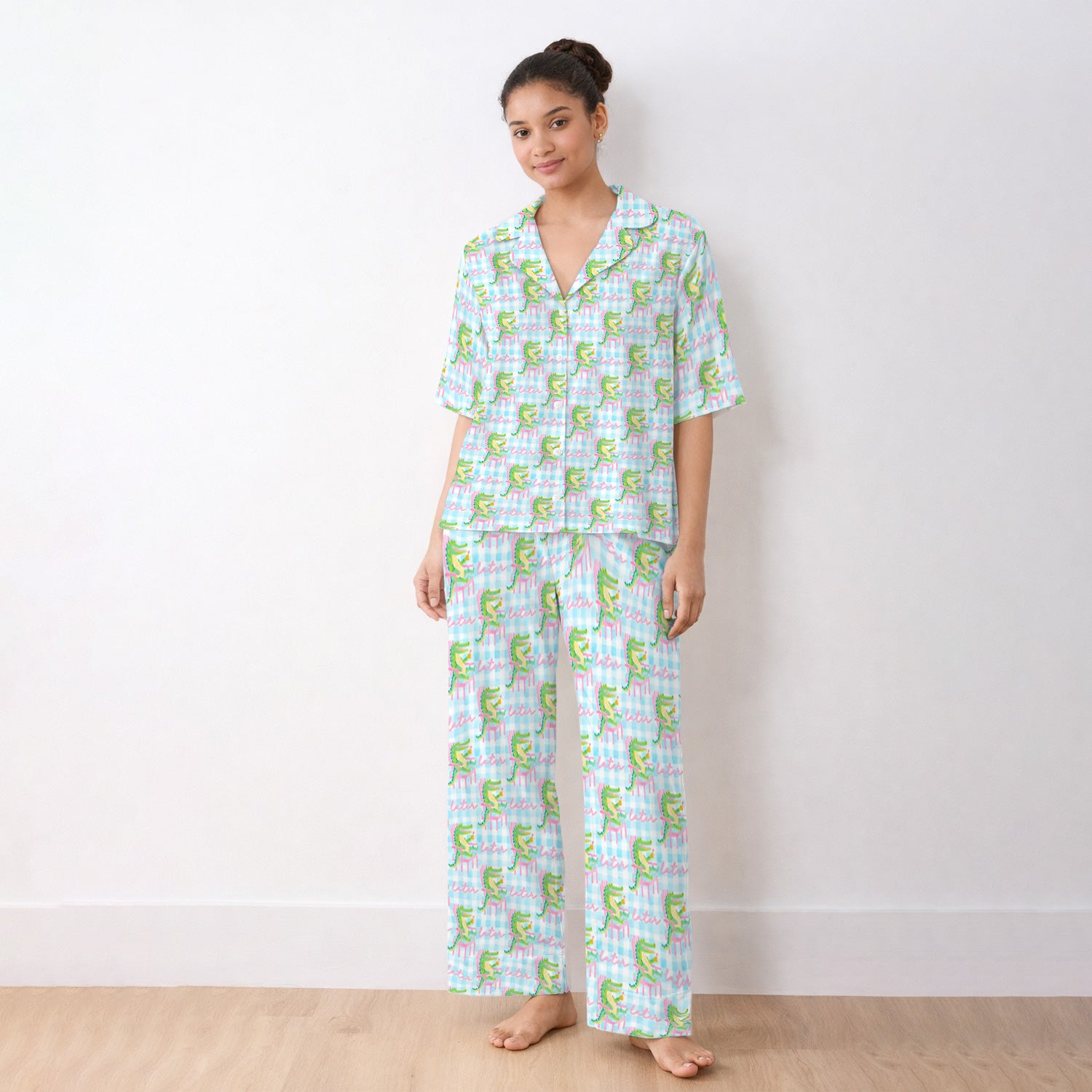 Funny Lazy Crocodile Later Pattern Pajama Set, Soft Breathable Fabric Comfortable Sleepwear