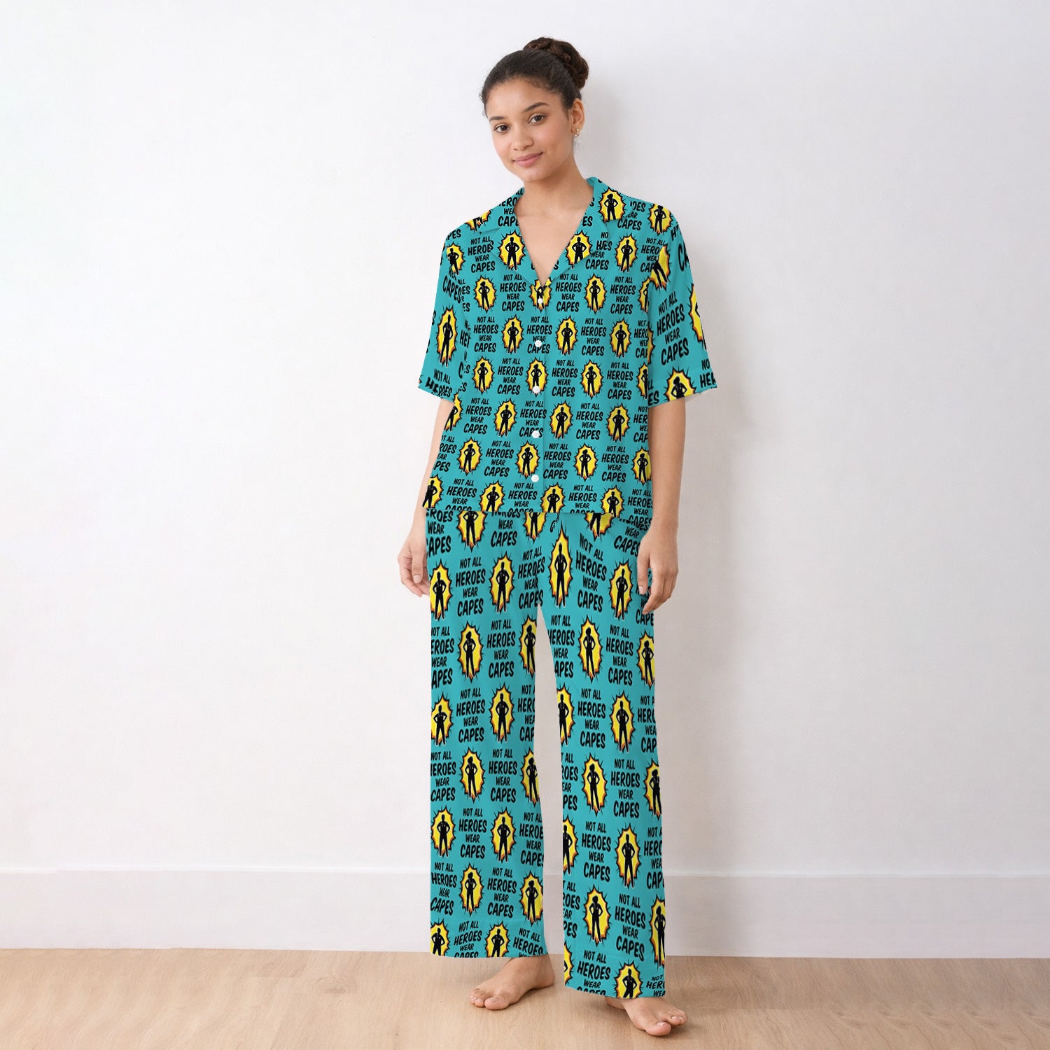 Not All Heroes Wear Capes Nurse Pattern Pajama Set, Breathable Fabrics Uniform