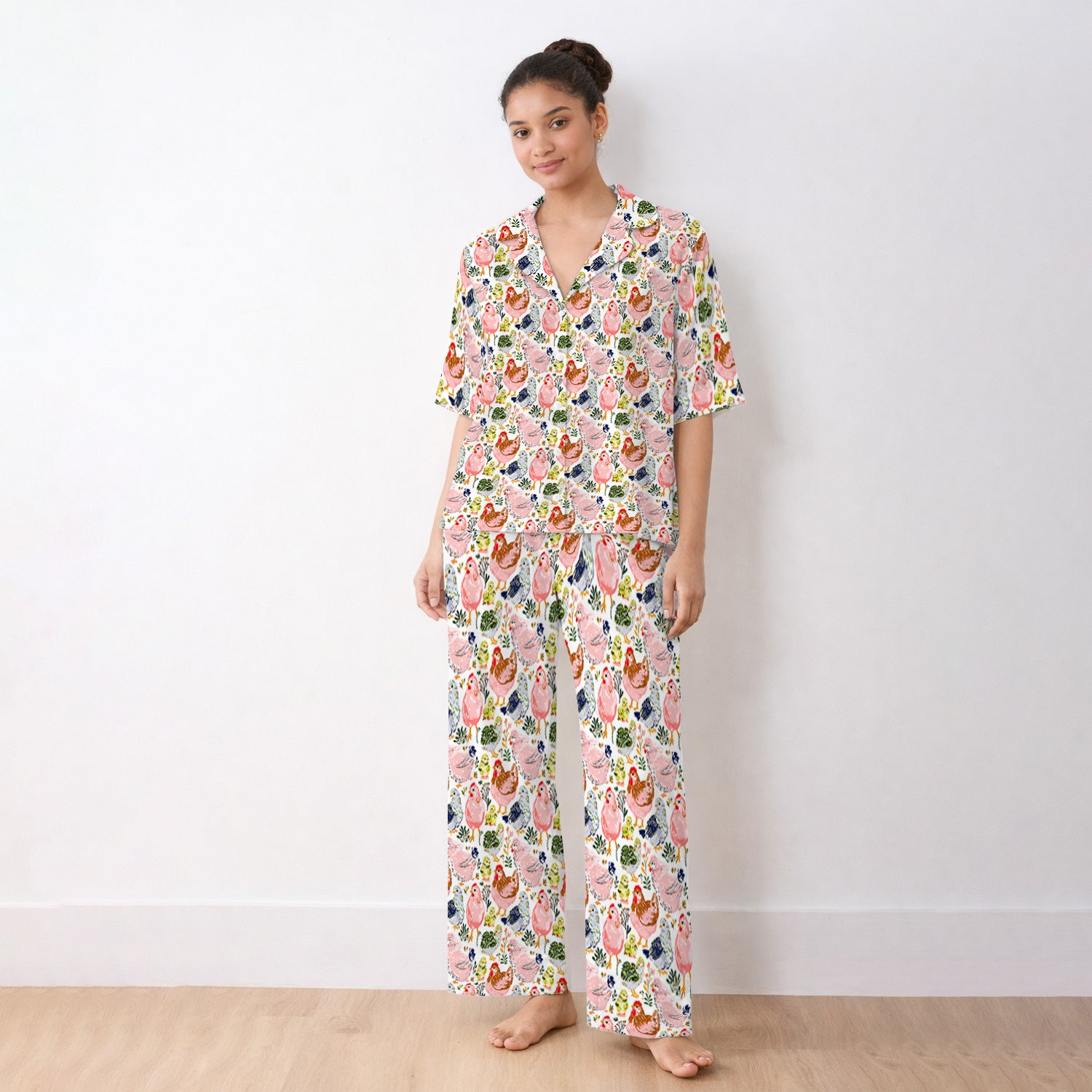 Cute Farm Chicken Hen Chick Pattern Pajama Set, Soft Breathable Fabric Comfortable Sleepwear