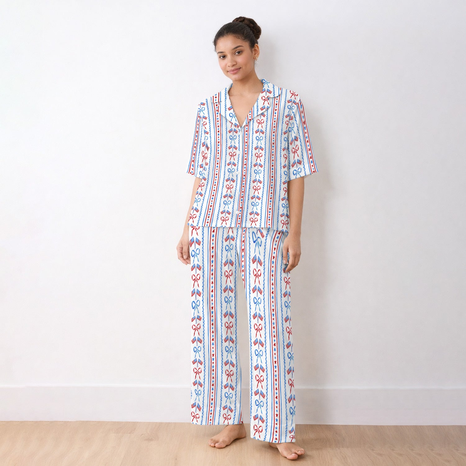 Patriotic USA Flag Bow Stripe Pattern Pajama Set, Soft Breathable Fabric Comfortable Sleepwear