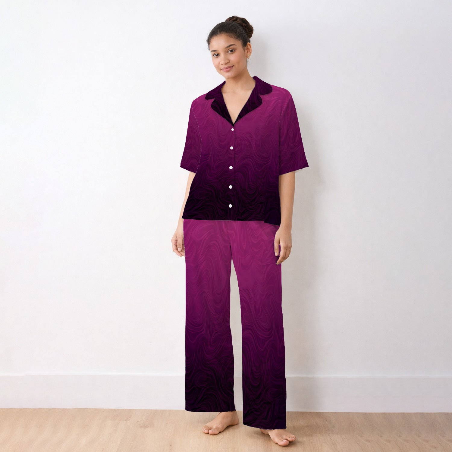 Abstract Swirl Ombre Pattern Pajama Set, Soft Breathable Fabric Comfortable Sleepwear