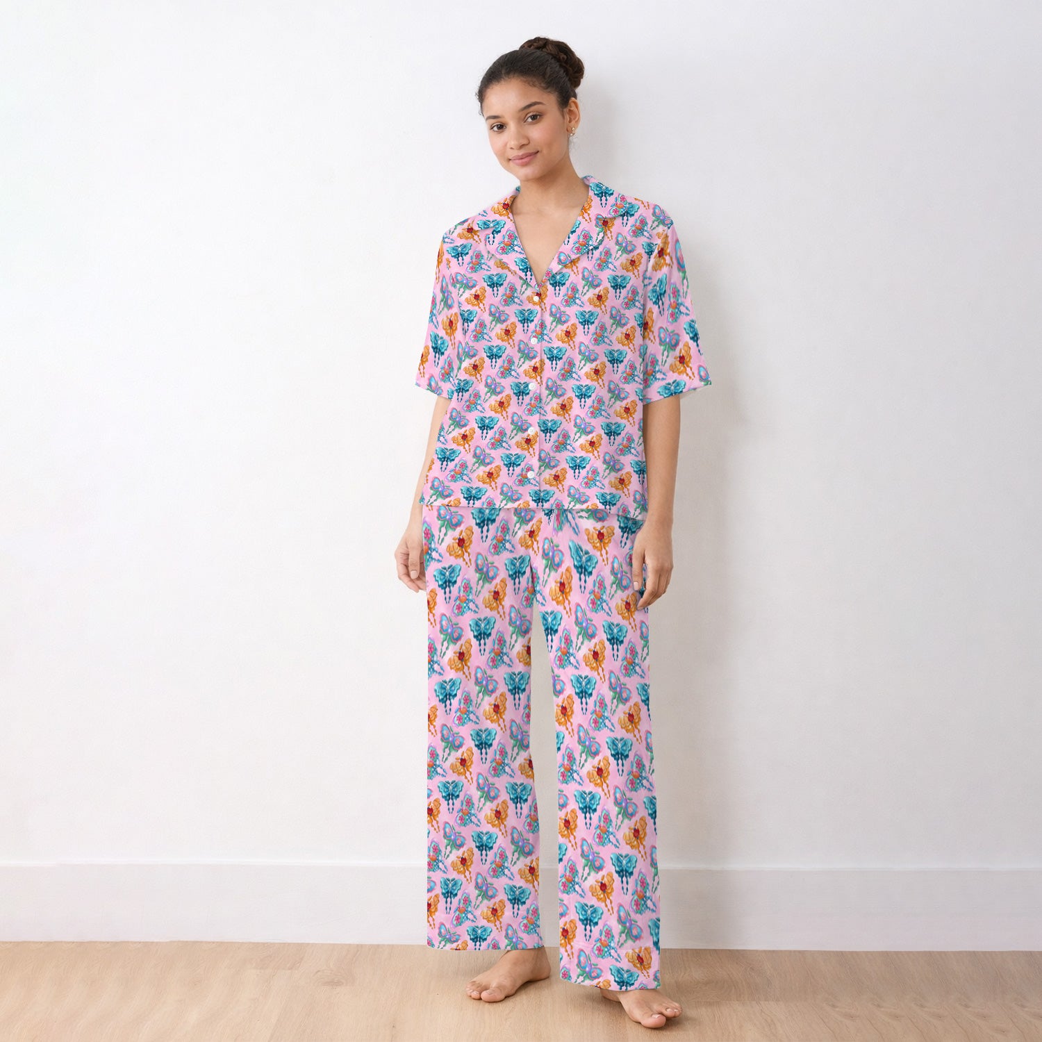 Colorful Butterfly With Floral Blossom Pattern Pajama Set, Soft Breathable Fabric Comfortable Sleepwear