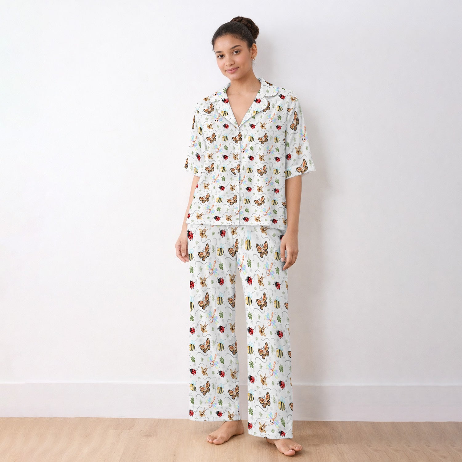 Colorful Garden Insect Pattern Pajama Set, Breathable Fabrics Uniform