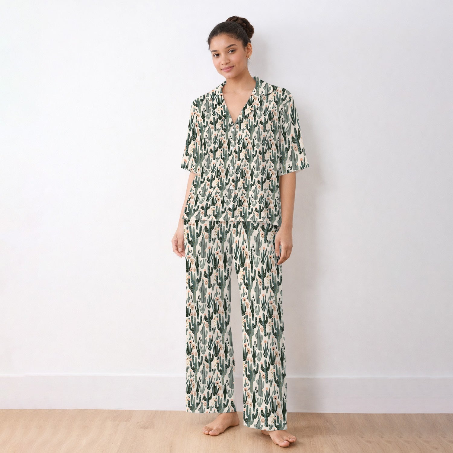 Green Cactus Desert Blossom Pattern Pajama Set, Soft Breathable Fabric Comfortable Sleepwear