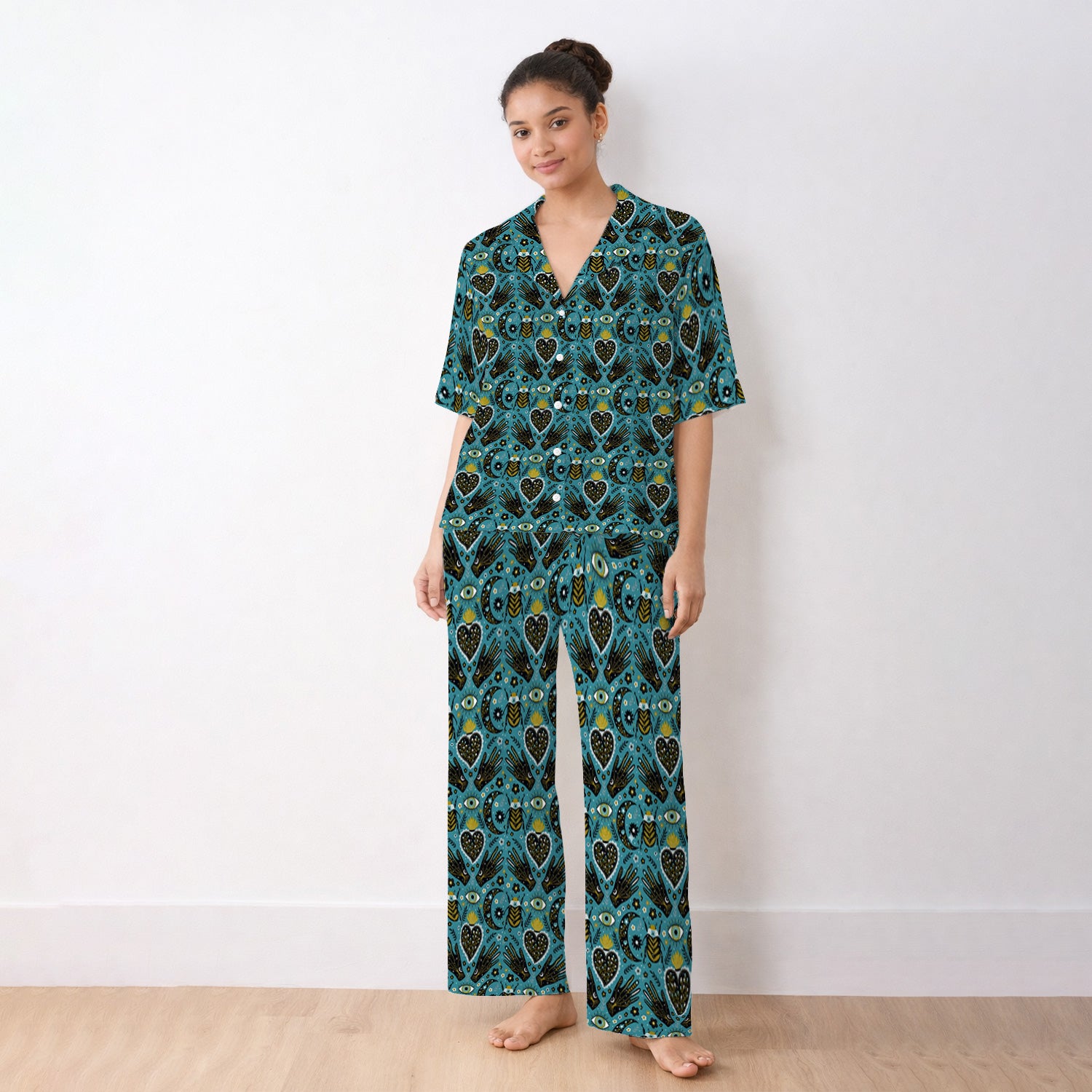 Mystic Celestial Heart & Evil Eye Pattern Pajama Set, Breathable Fabrics Uniform
