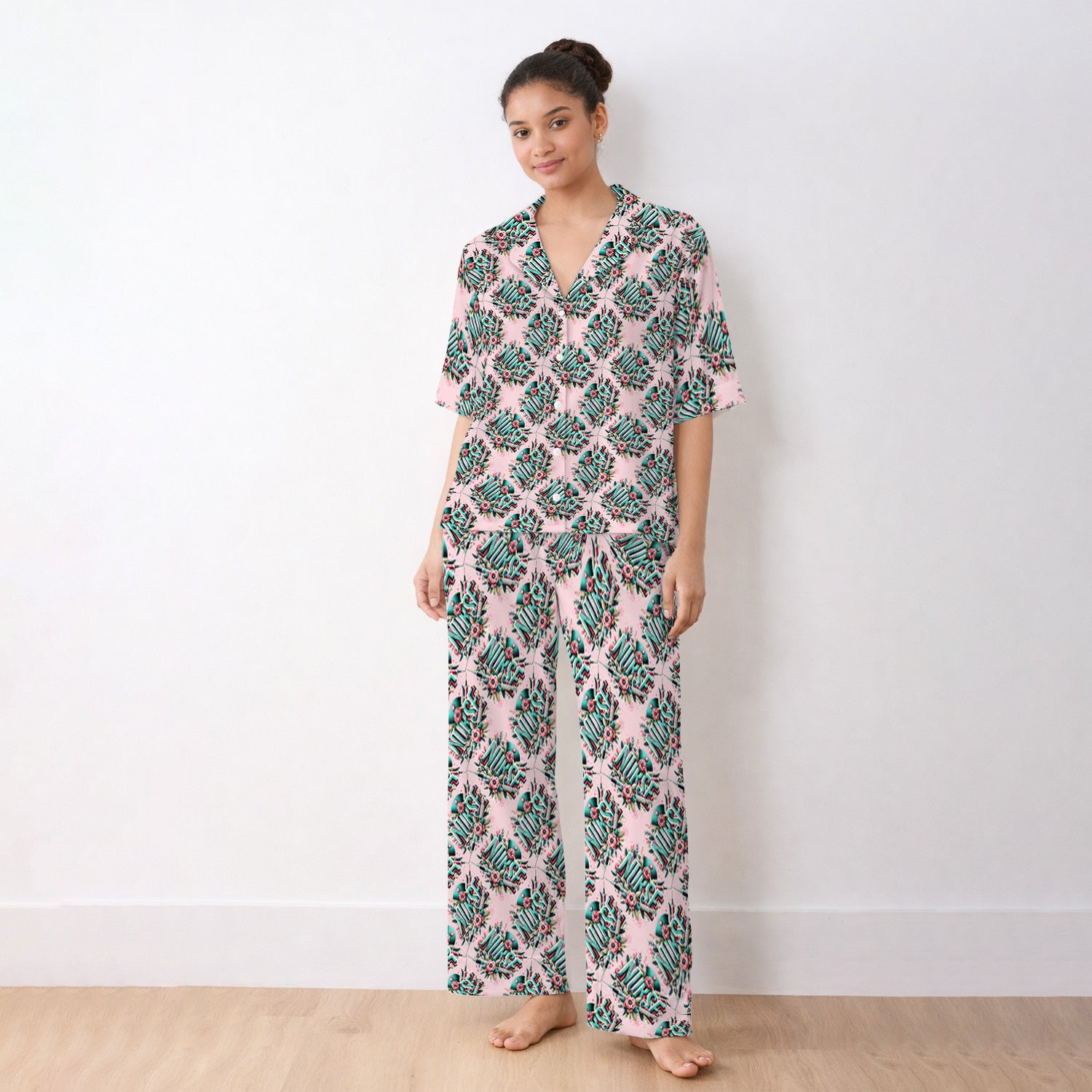 Cute Nurse Typography Floral Medical Pattern Pajama Set, Soft Breathable Fabric Comfortable Sleepwear